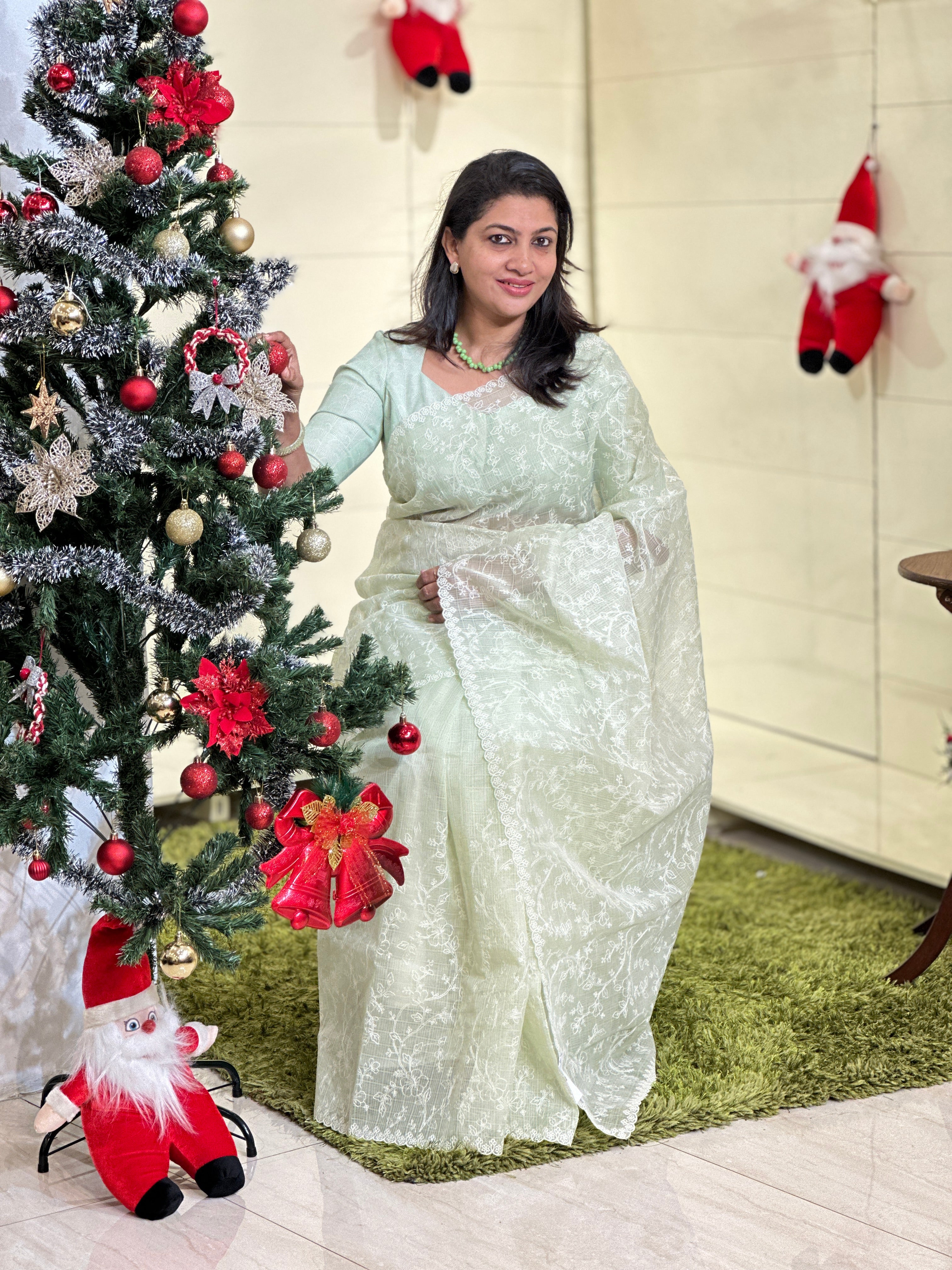 Floral Thread Embroidered Check Organza Saree | BLD1563