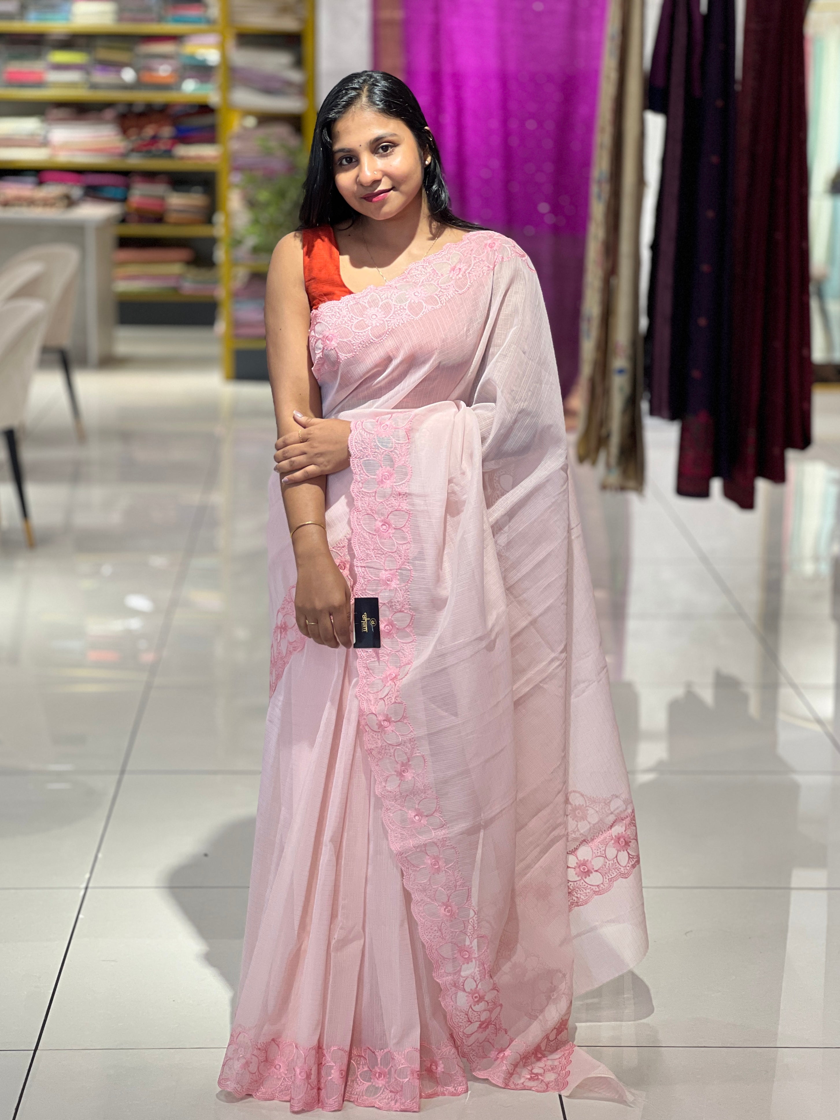 Floral Embroidered Muga Check Organza Saree | JSC177