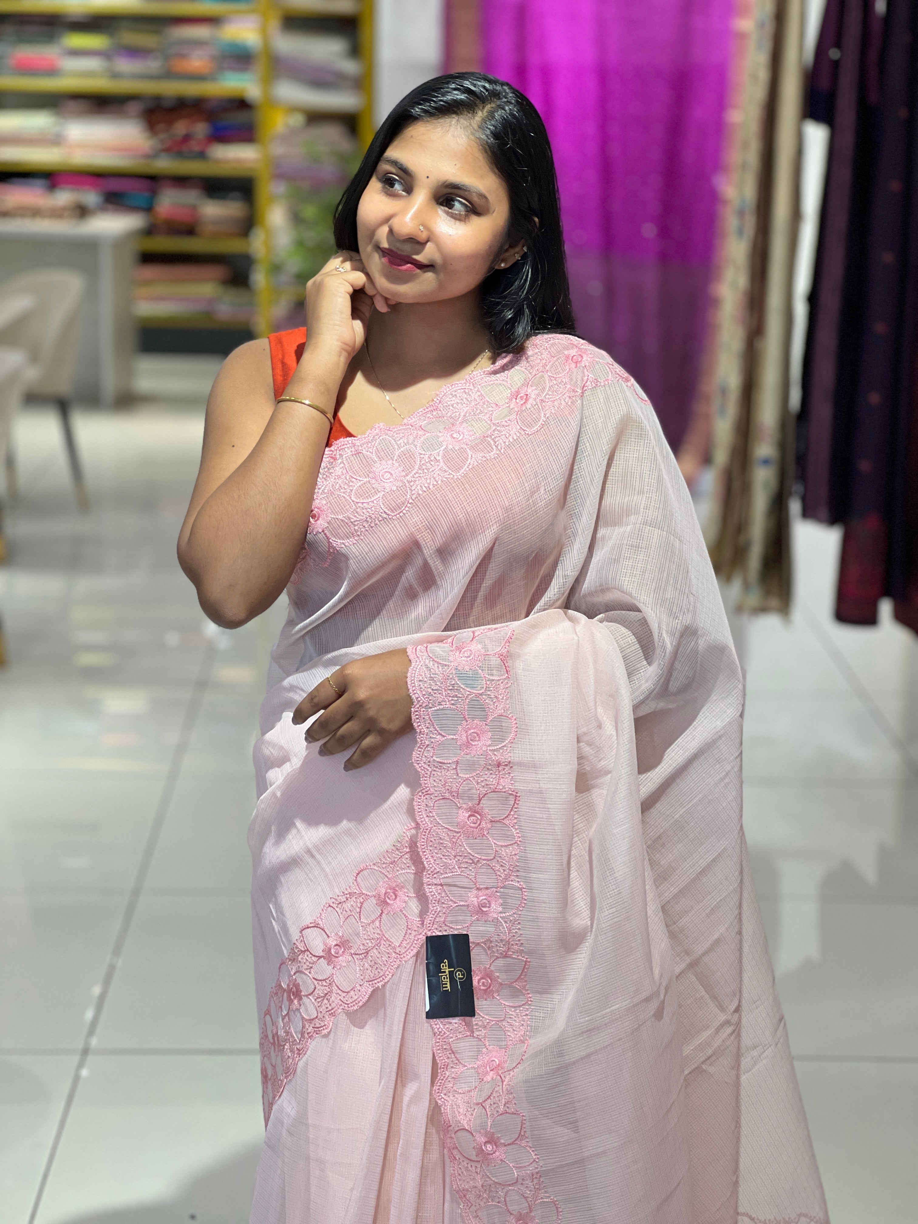 Floral Embroidered Muga Check Organza Saree | JSC177
