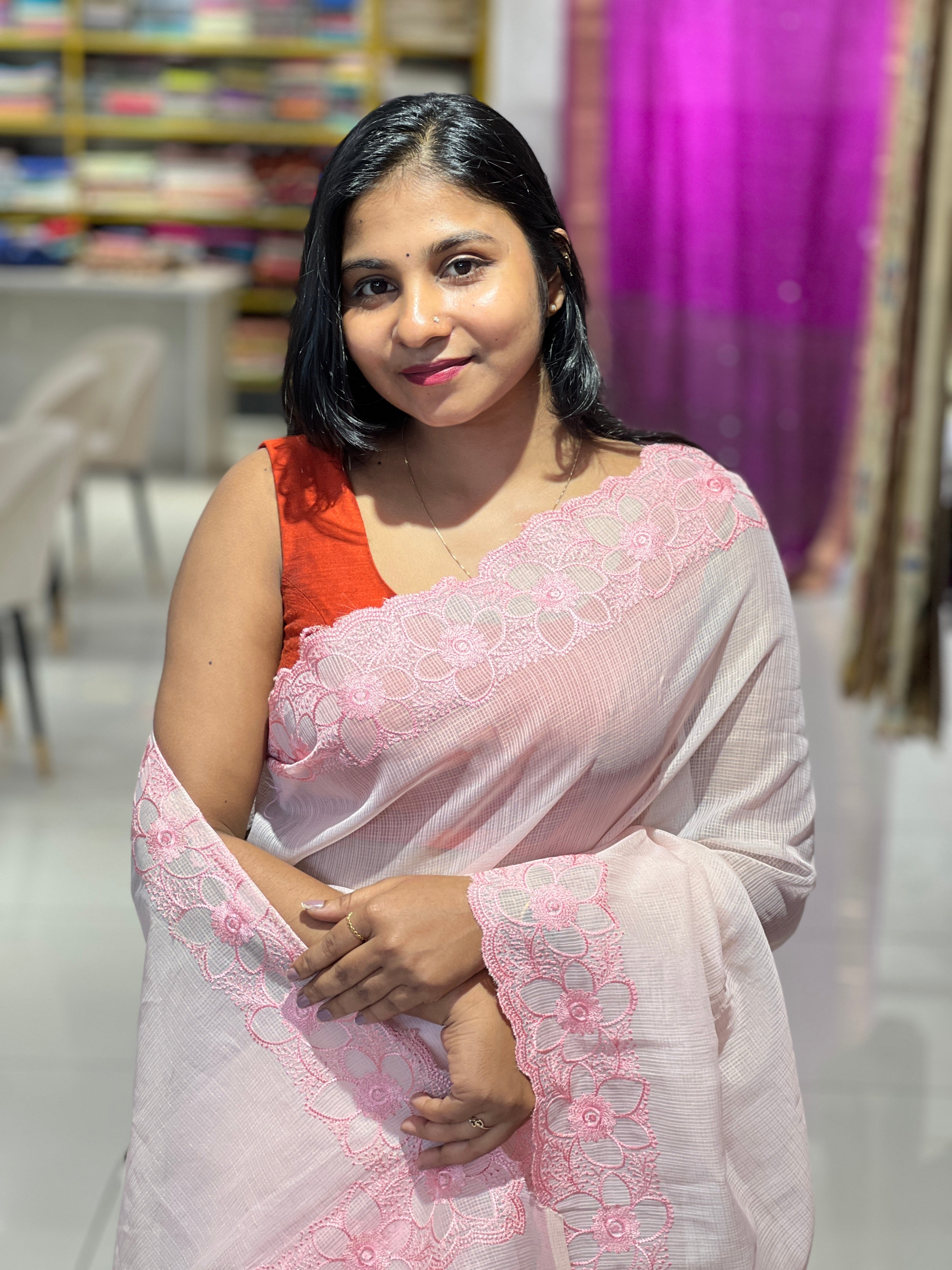 Floral Embroidered Muga Check Organza Saree | JSC177