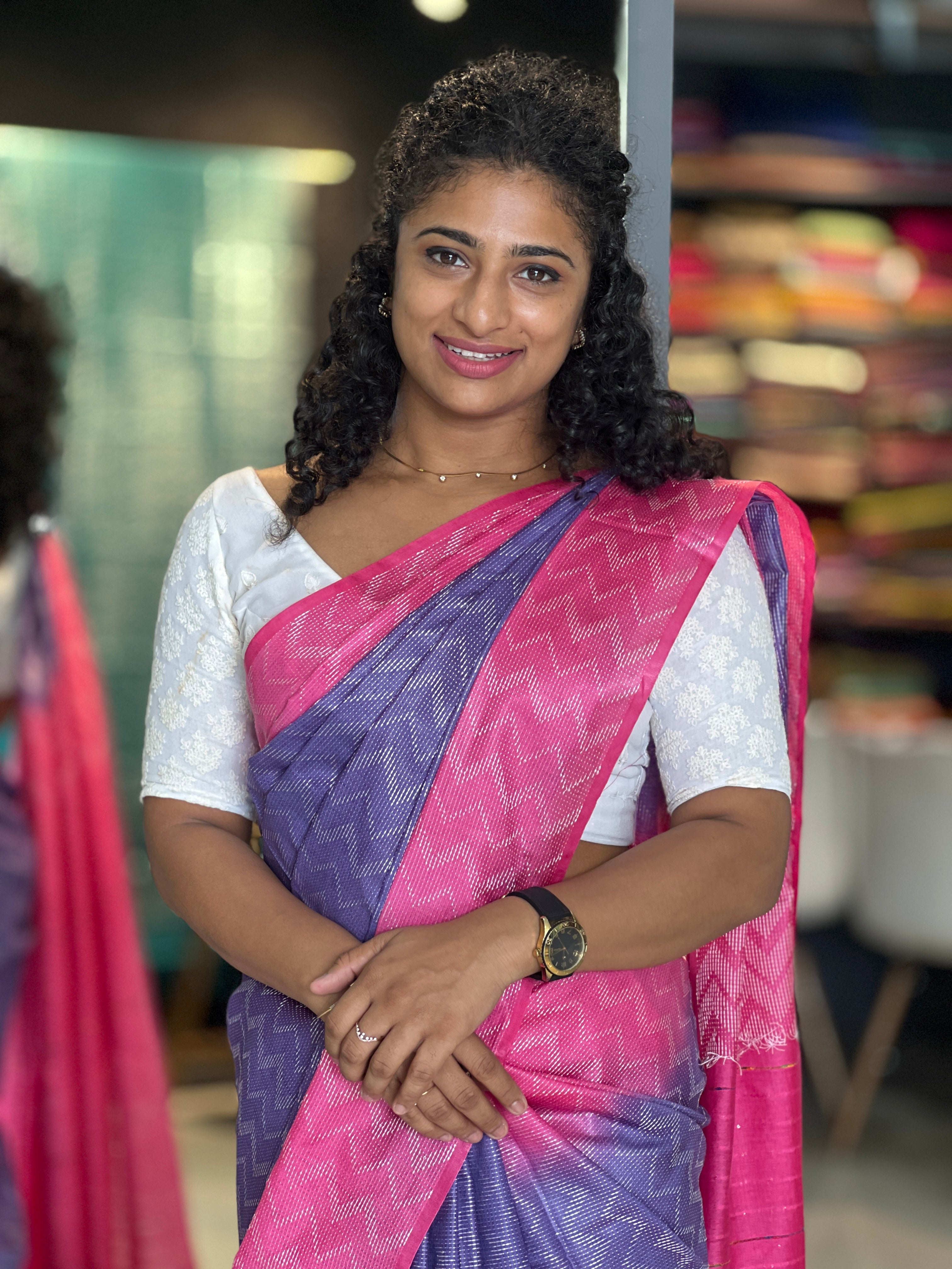 Kantha Weaving Pattern Zig Zag Design Bhagalpuri Linen Saree | NHH189