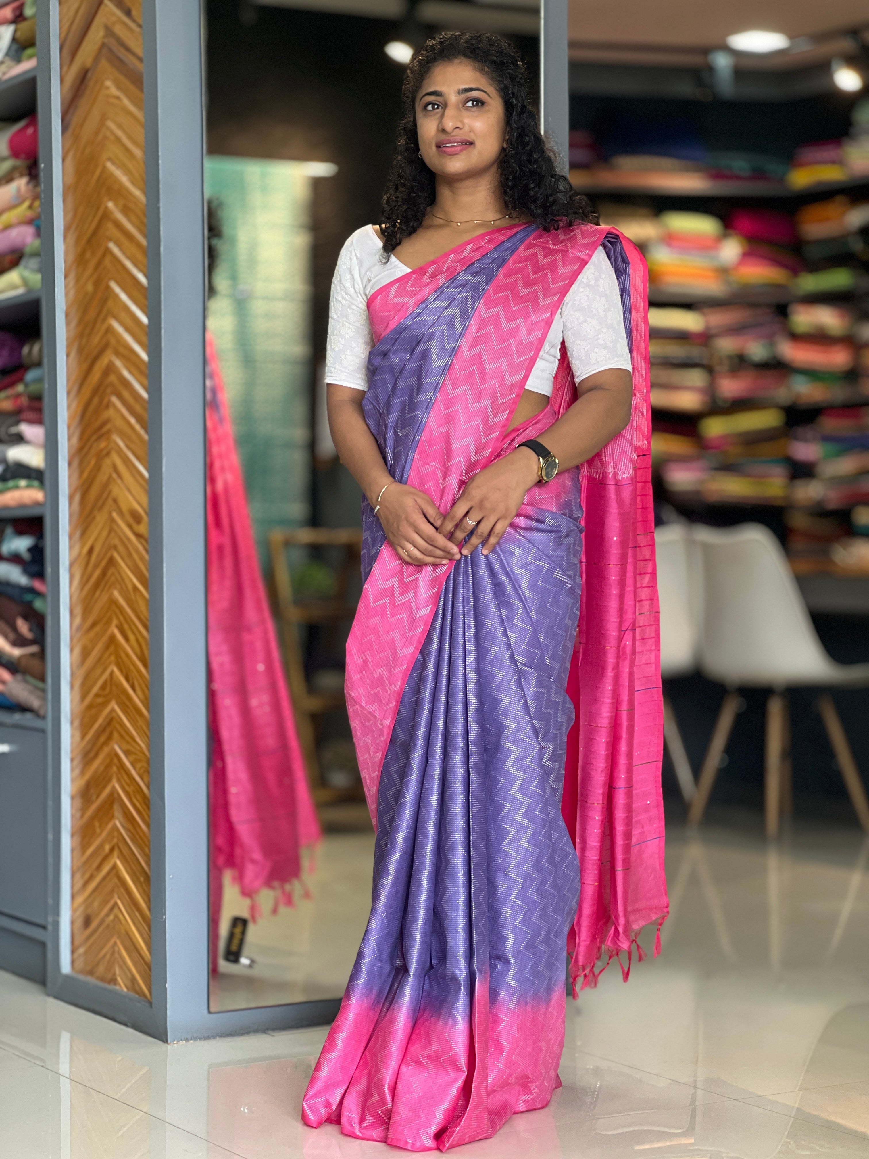 Kantha Weaving Pattern Zig Zag Design Bhagalpuri Linen Saree | NHH189