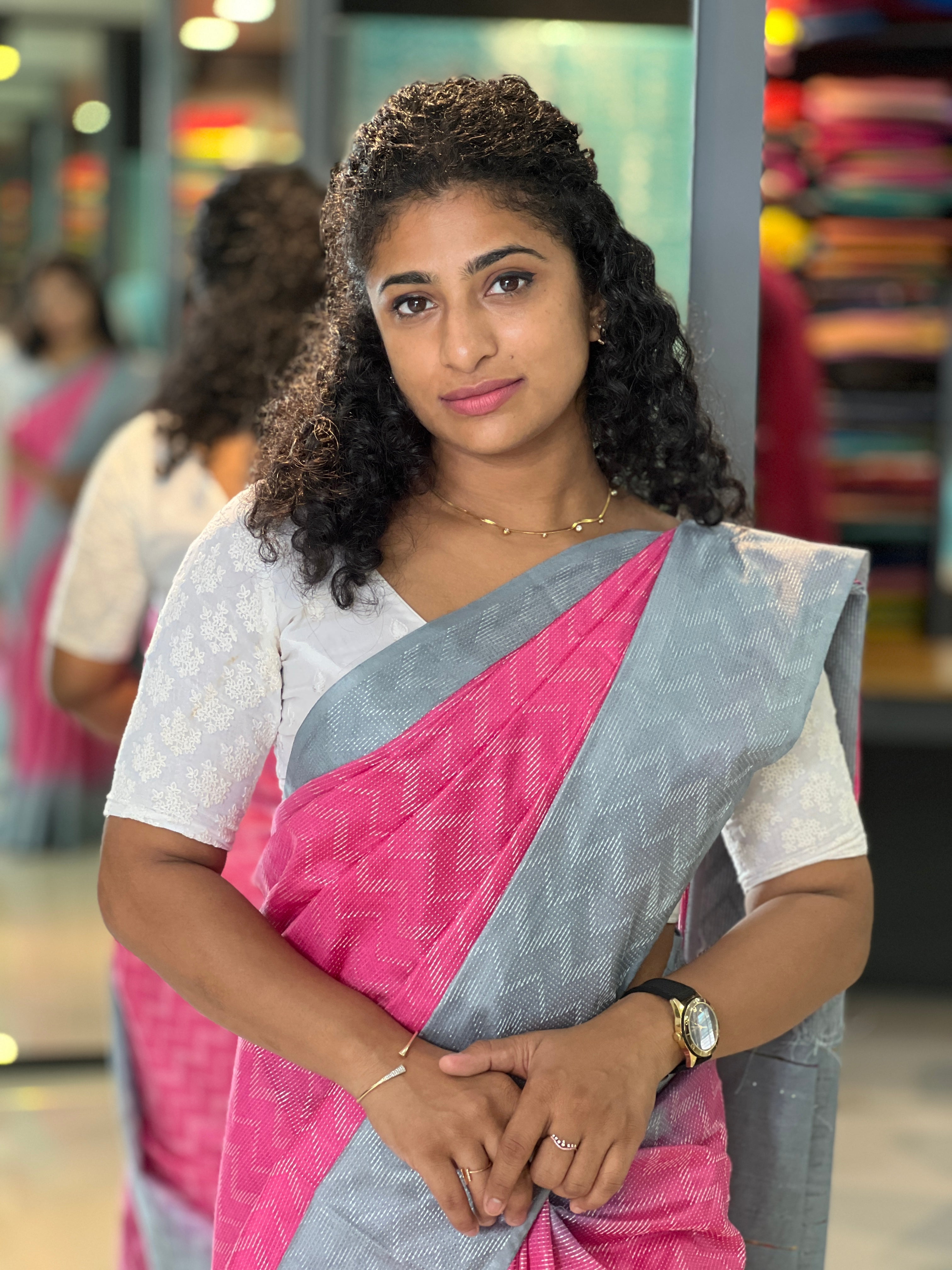 Kantha Weaving Pattern Zig Zag Design Bhagalpuri Linen Saree | NHH189
