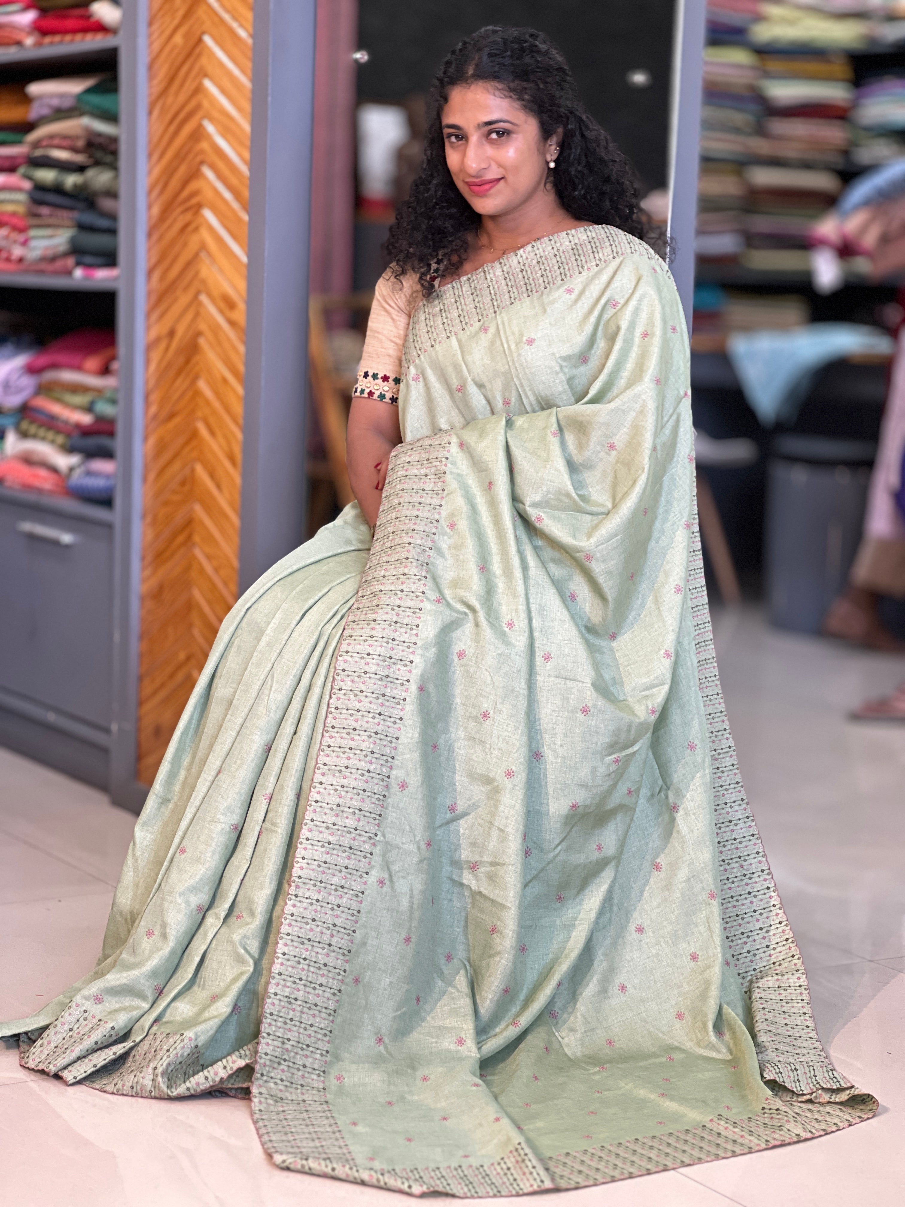 Machine Embroidery Semi Tussar Saree | SBP201