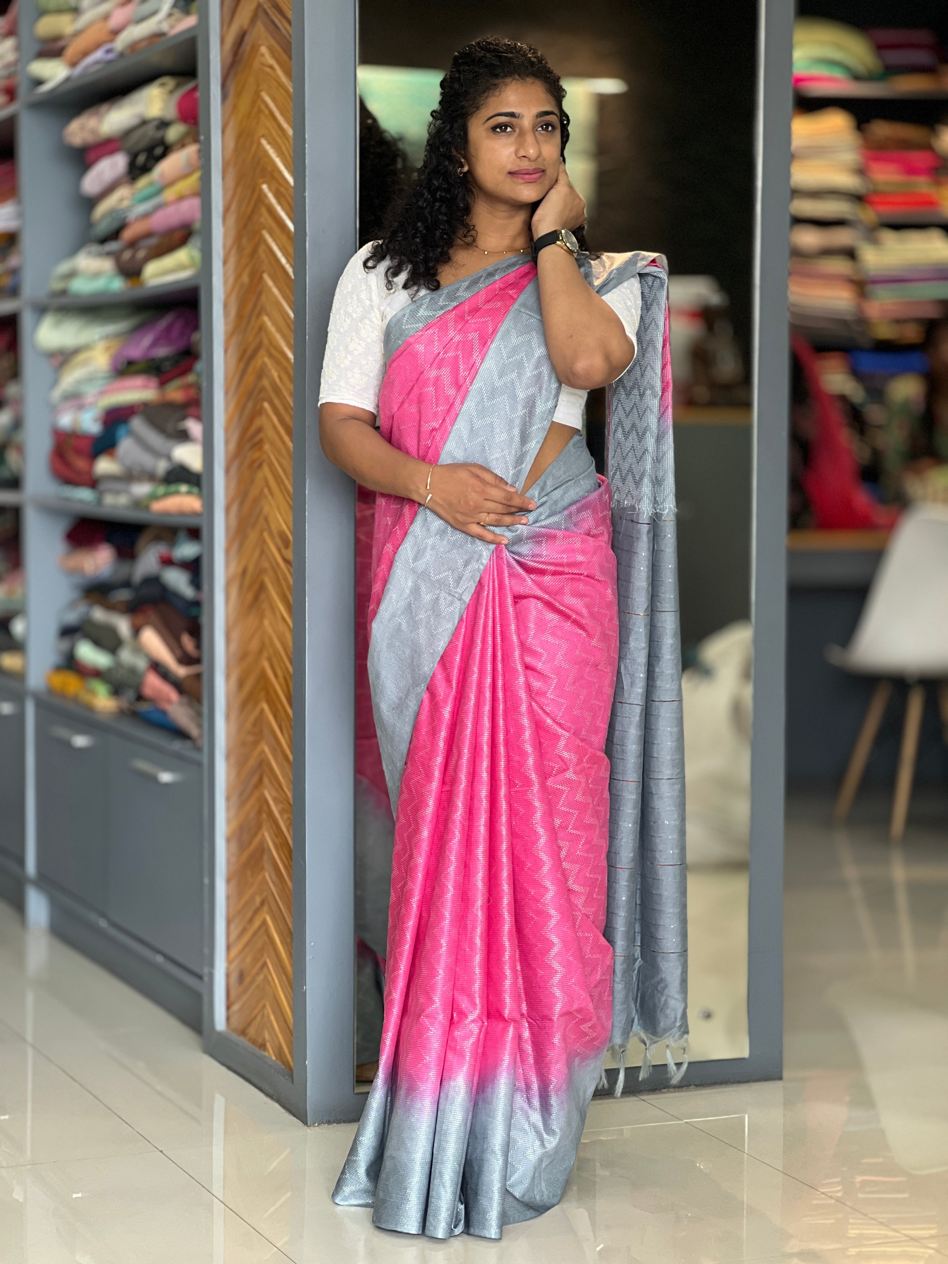 Kantha Weaving Pattern Zig Zag Design Bhagalpuri Linen Saree | NHH189