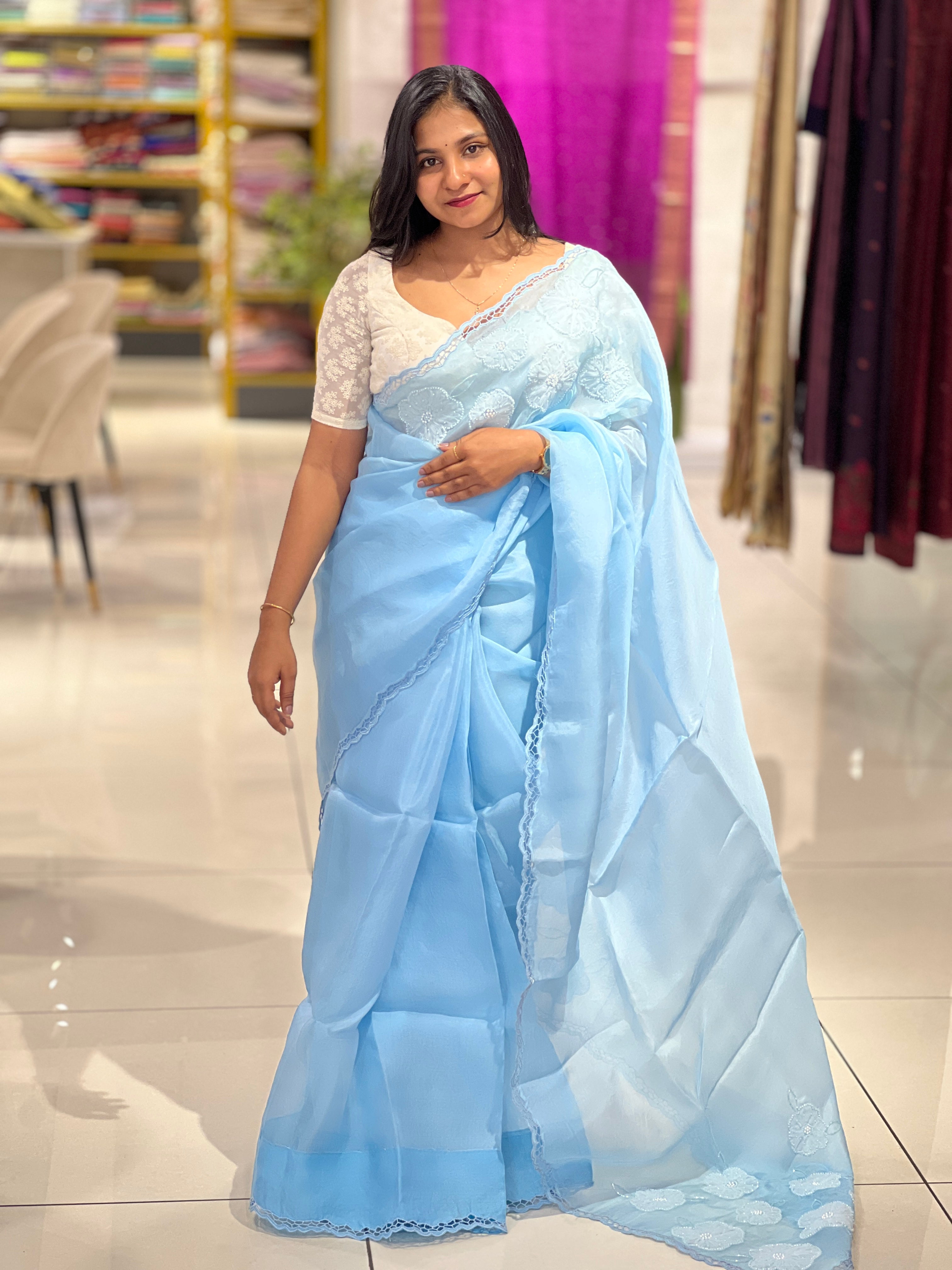 Floral Applique With Twine Cut Work Detailed Organza Saree | TC427