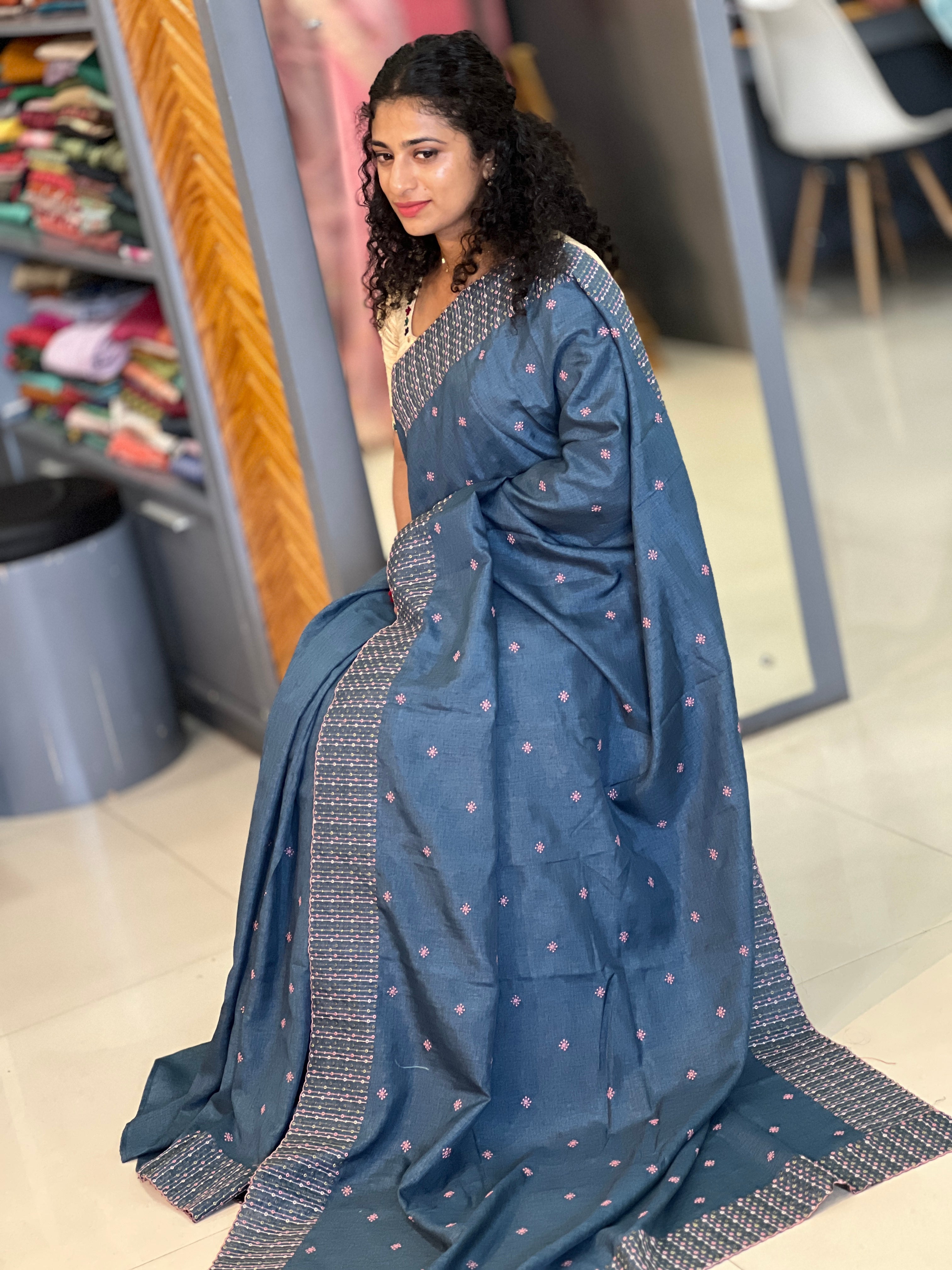 Machine Embroidery Semi Tussar Saree | SBP200