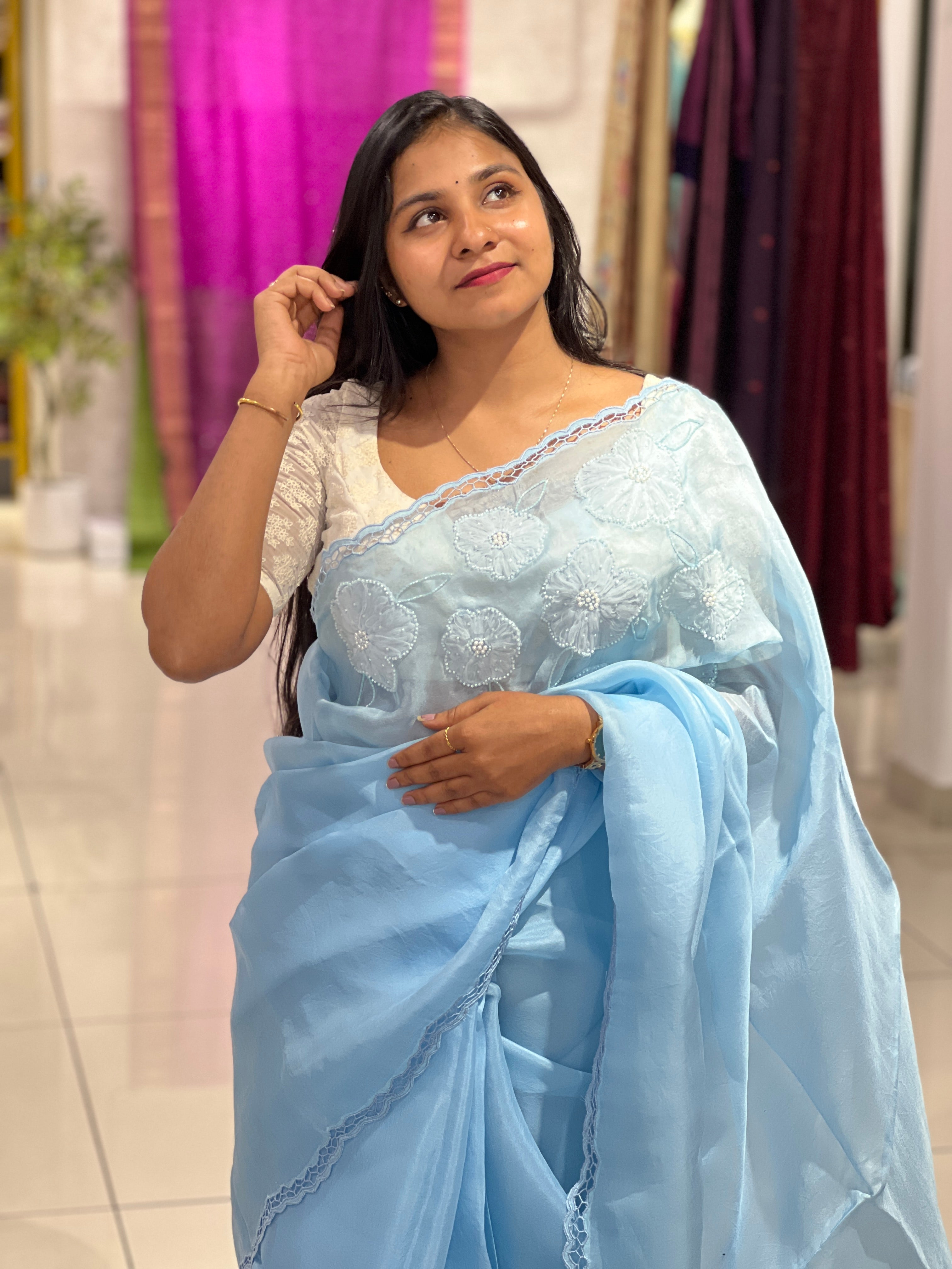 Floral Applique With Twine Cut Work Detailed Organza Saree | TC427