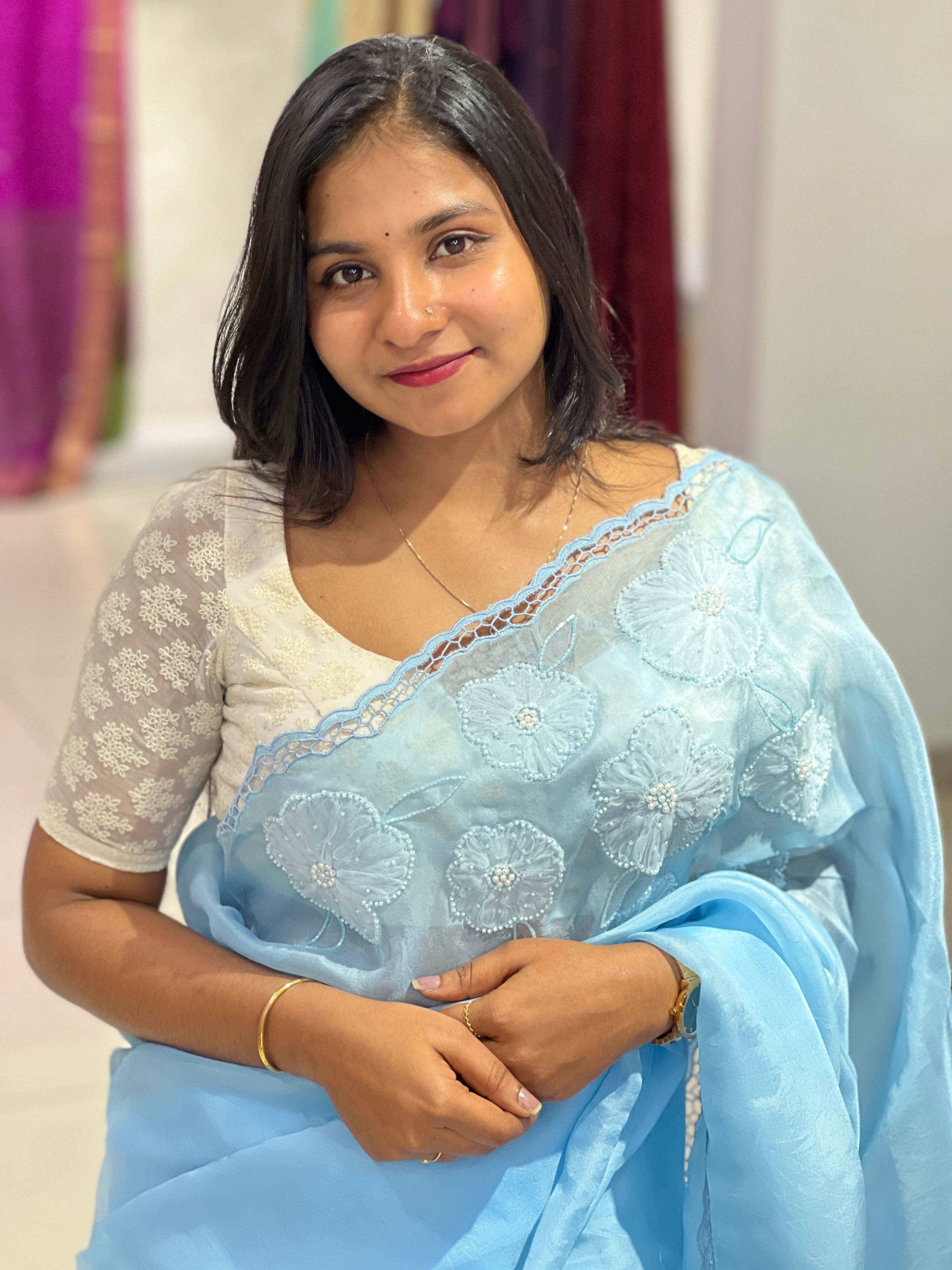 Floral Applique With Twine Cut Work Detailed Organza Saree | TC427