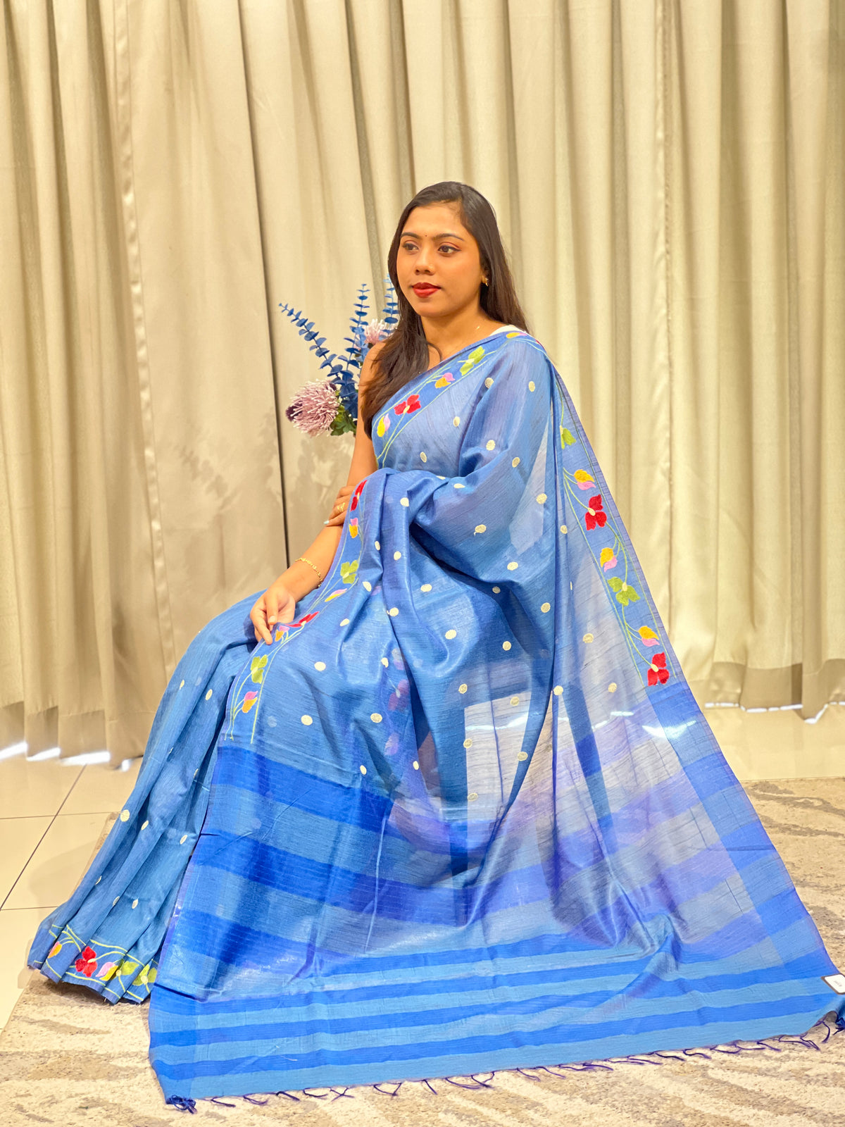 Floral Embroidered Bhagalpuri Linen Saree | NHH681