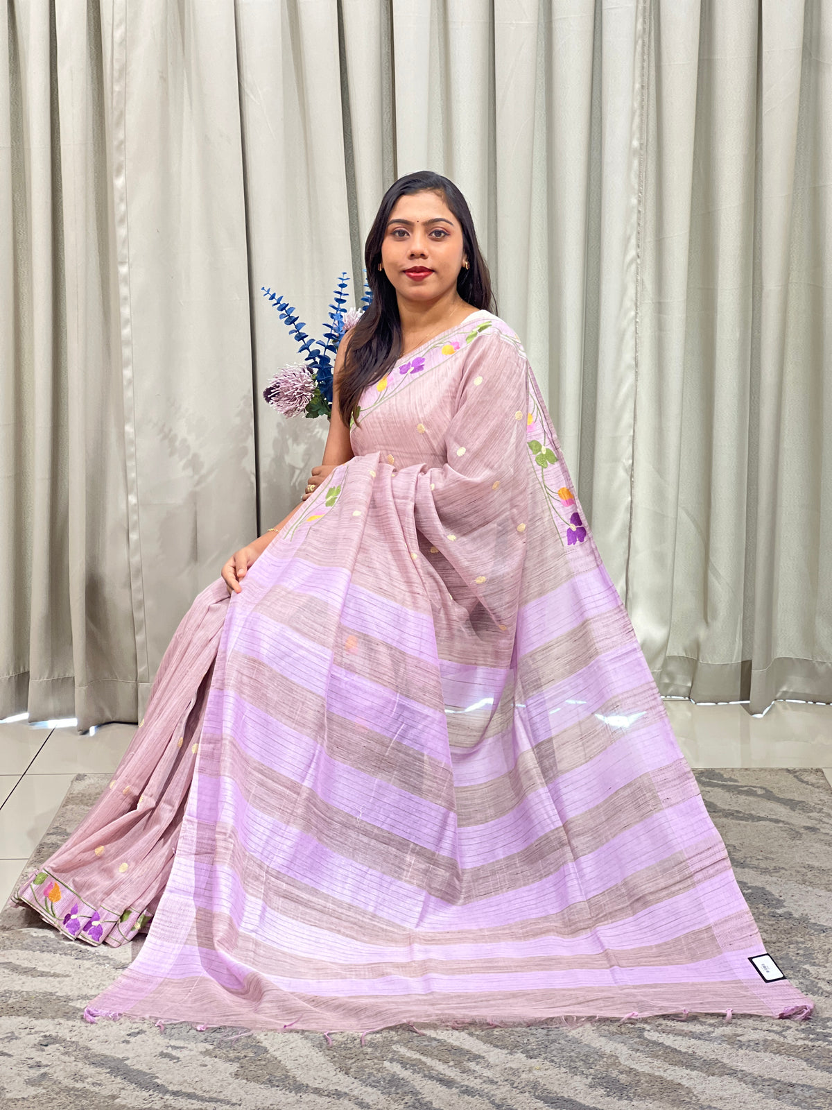 Floral Embroidered Bhagalpuri Linen Saree | NHH683