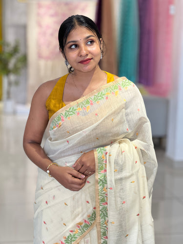 Jamdani Weaved Lotus Detailed Bagalpuri Linen Saree | SSN207