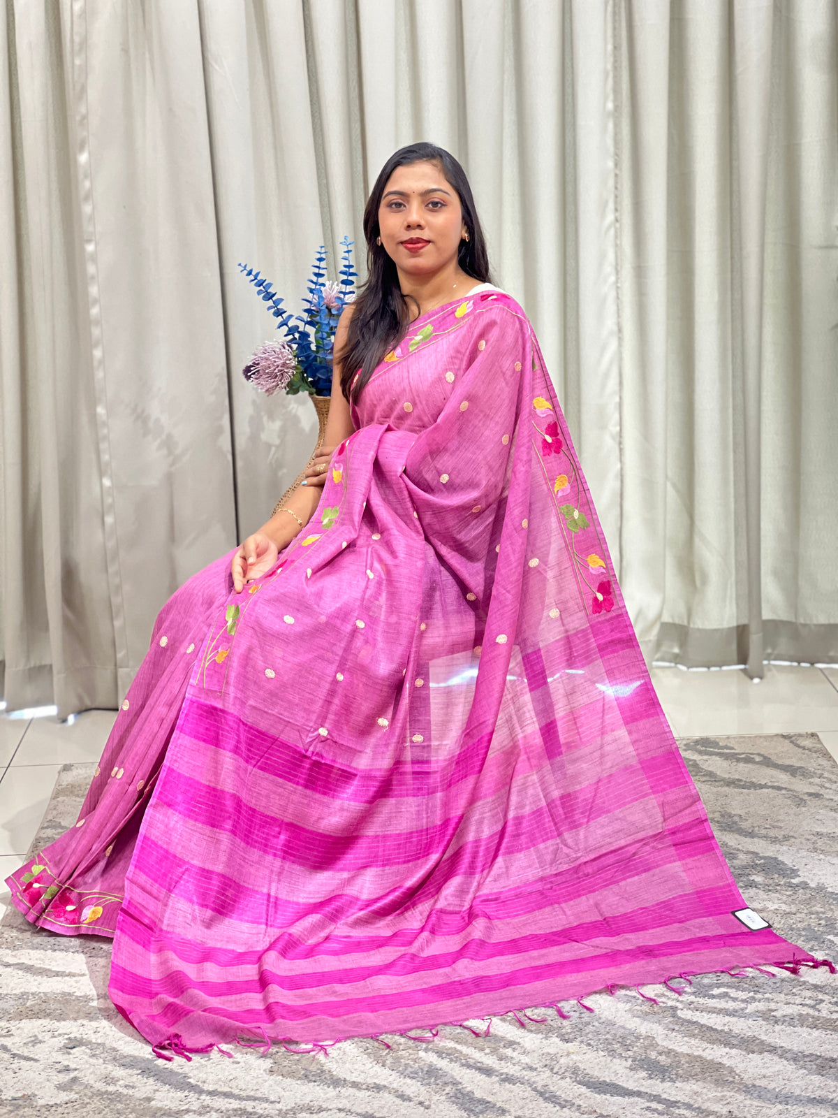Floral Embroidered Bhagalpuri Linen Saree | NHH685