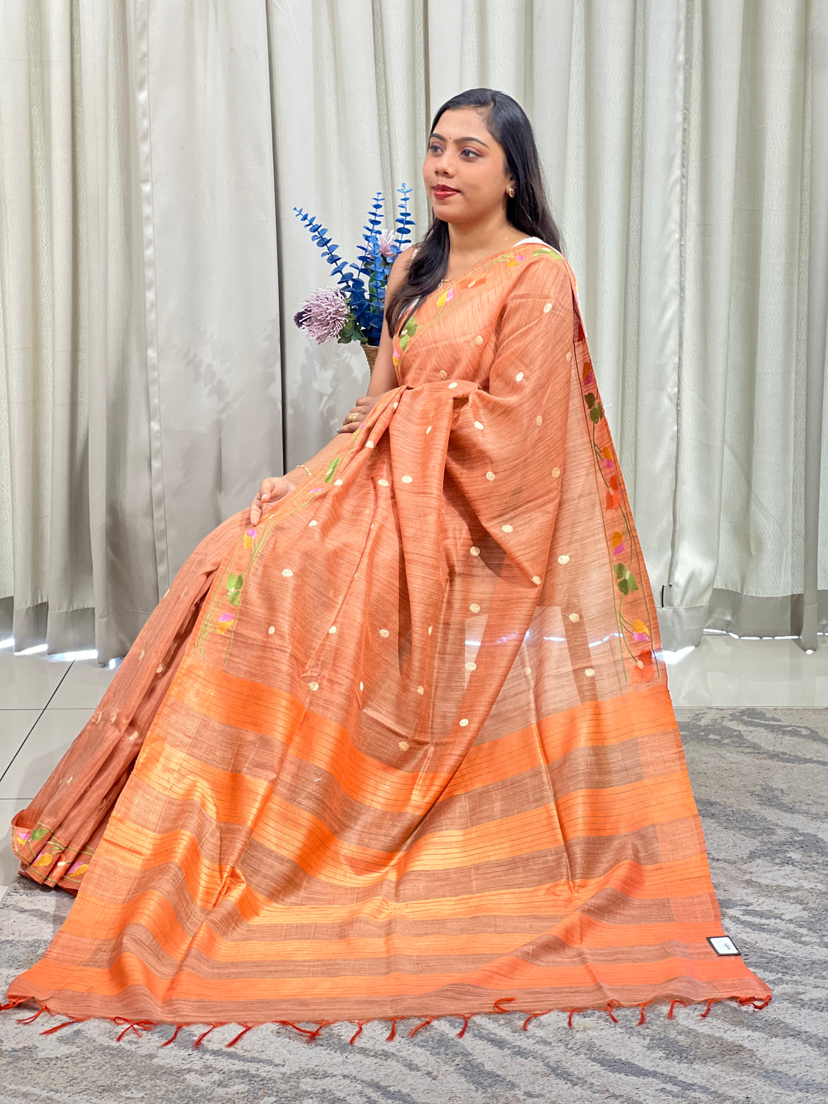 Floral Embroidered Bhagalpuri Linen Saree | NHH680