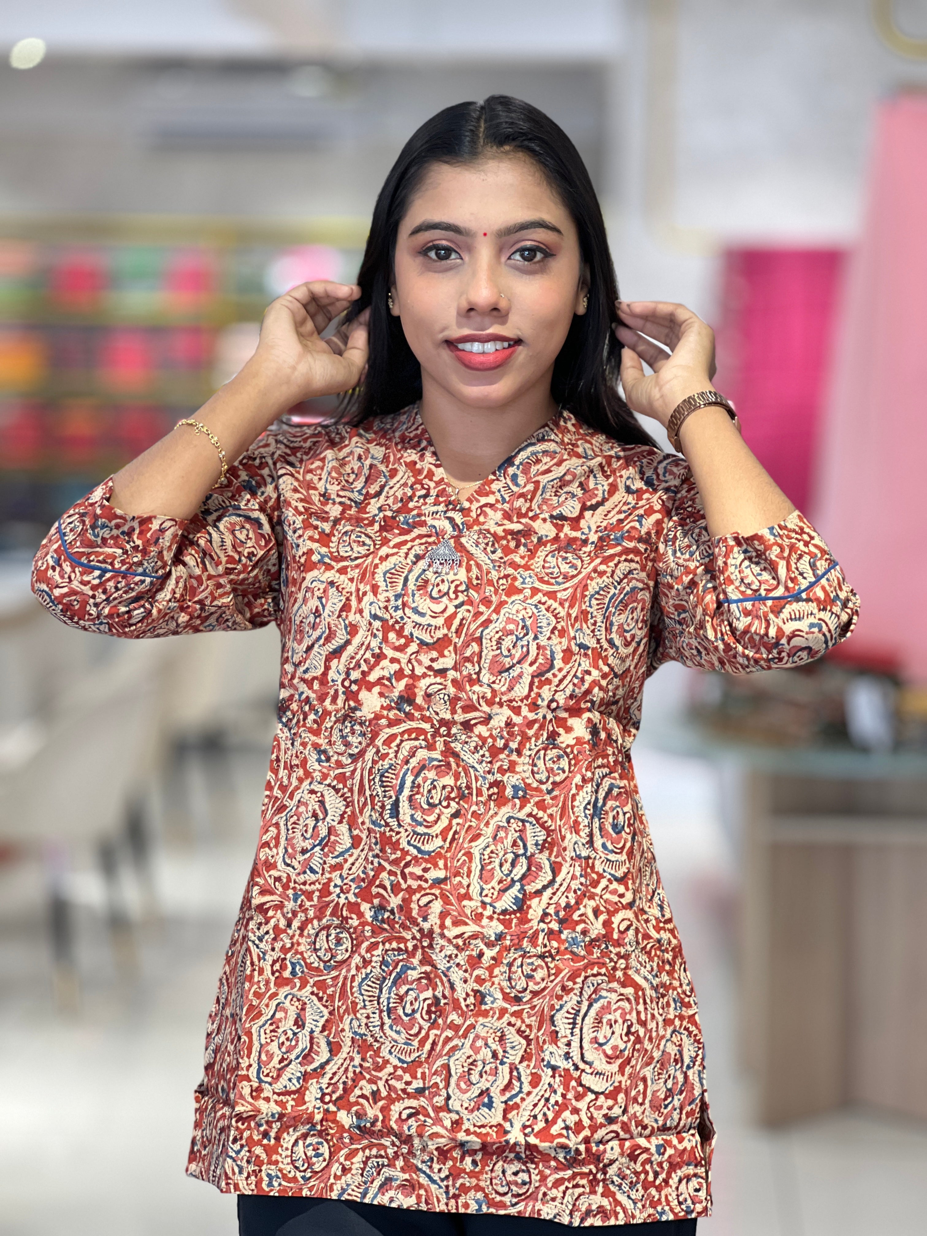 Kalamkari Inspired Printed Cotton Short Kurta | DIL137