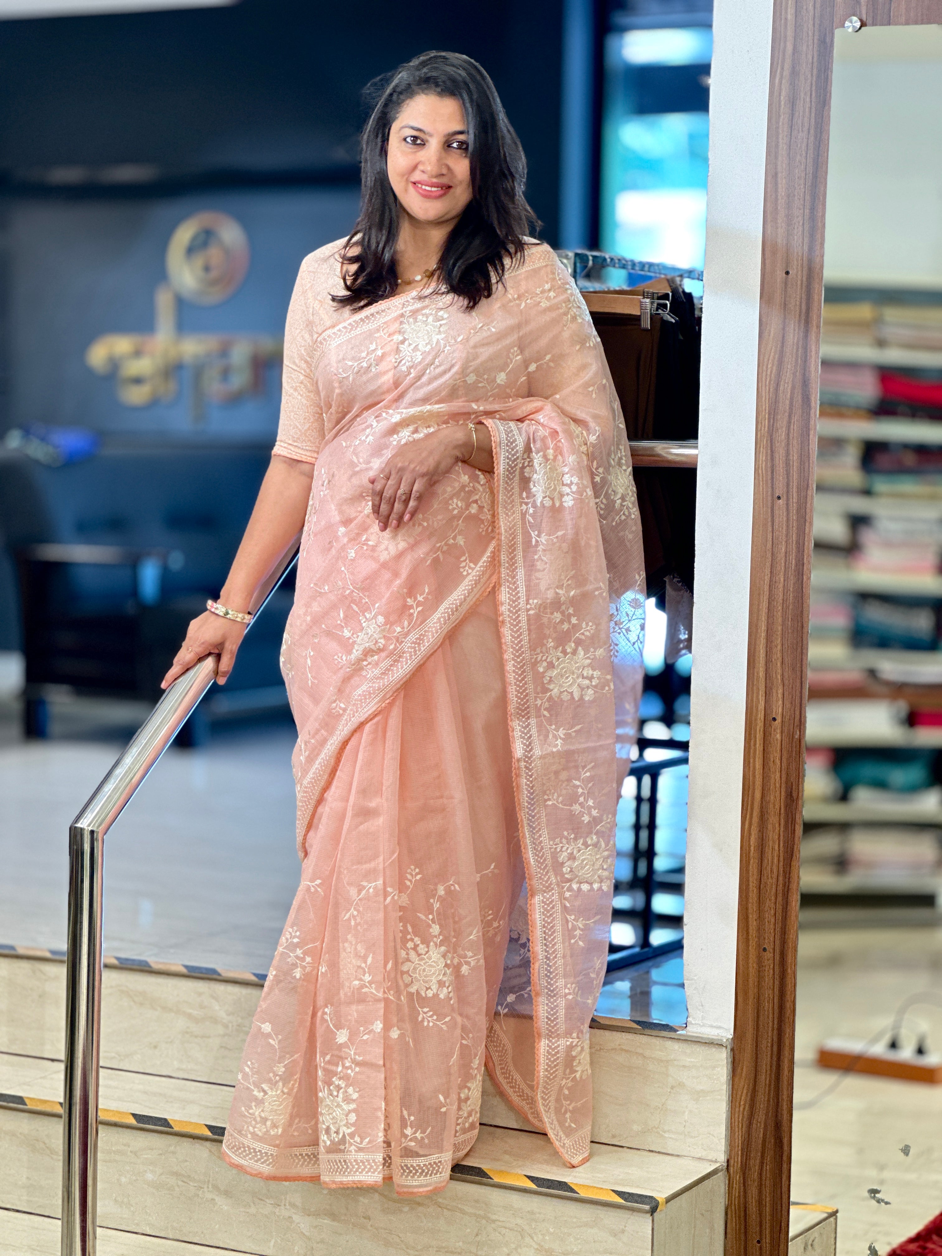 Machine Embroidery Detailed Check Organza Saree | BLD1557