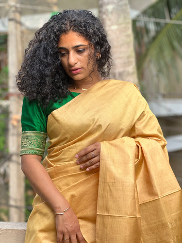 Golden Yellow Bamboo Tussar Saree with Zari Weaved Pallu Design | ACT1117