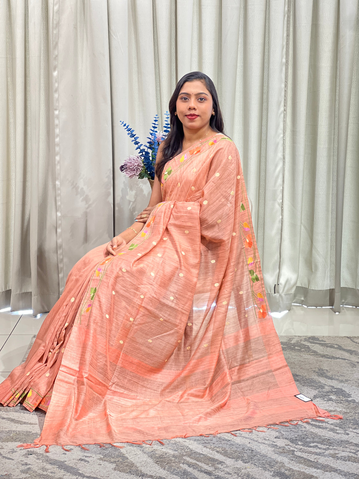 Floral Embroidered Bhagalpuri Linen Saree | NHH684