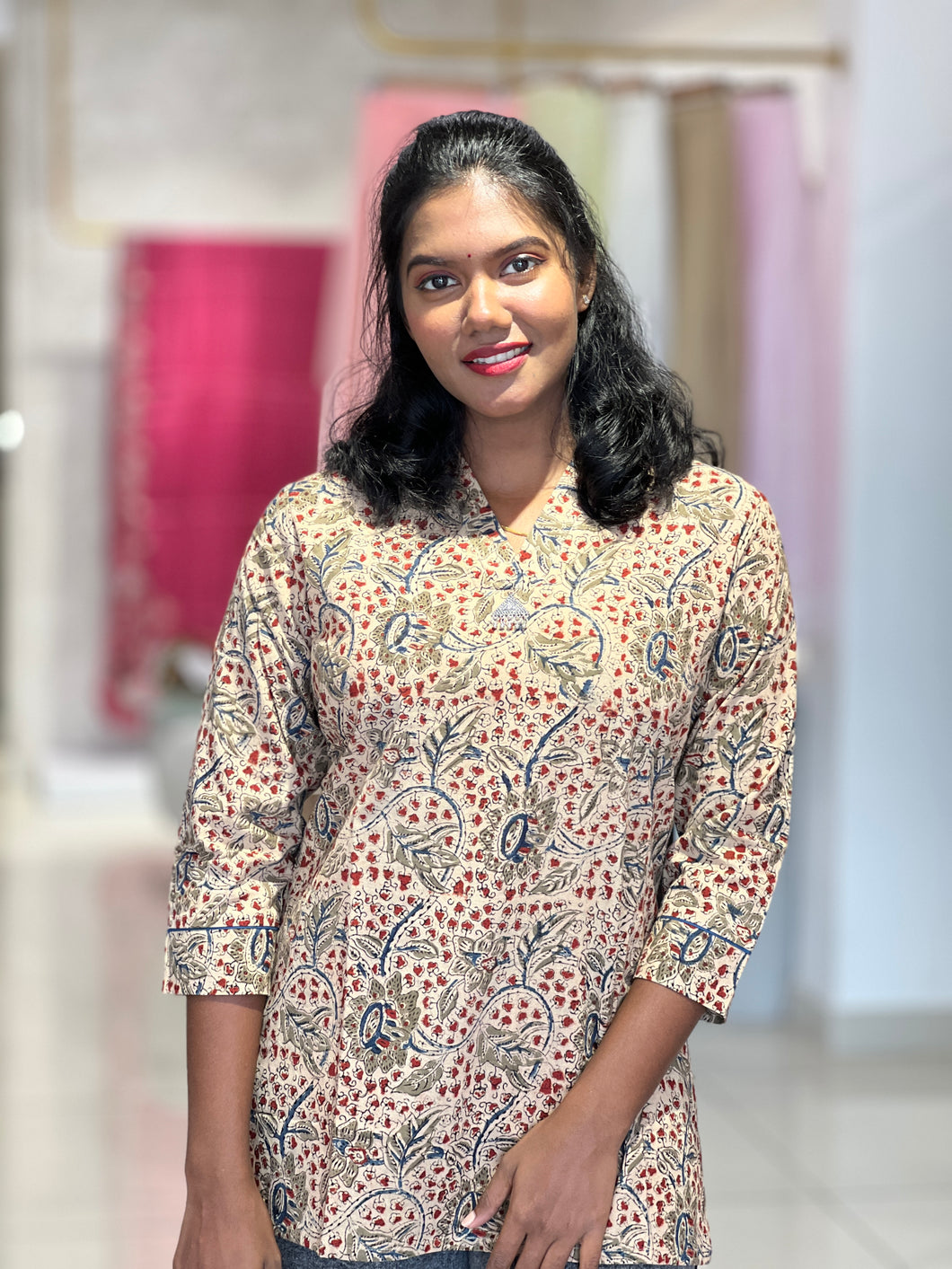 Kalamkari Inspired Printed Cotton Short Kurta | DIL136