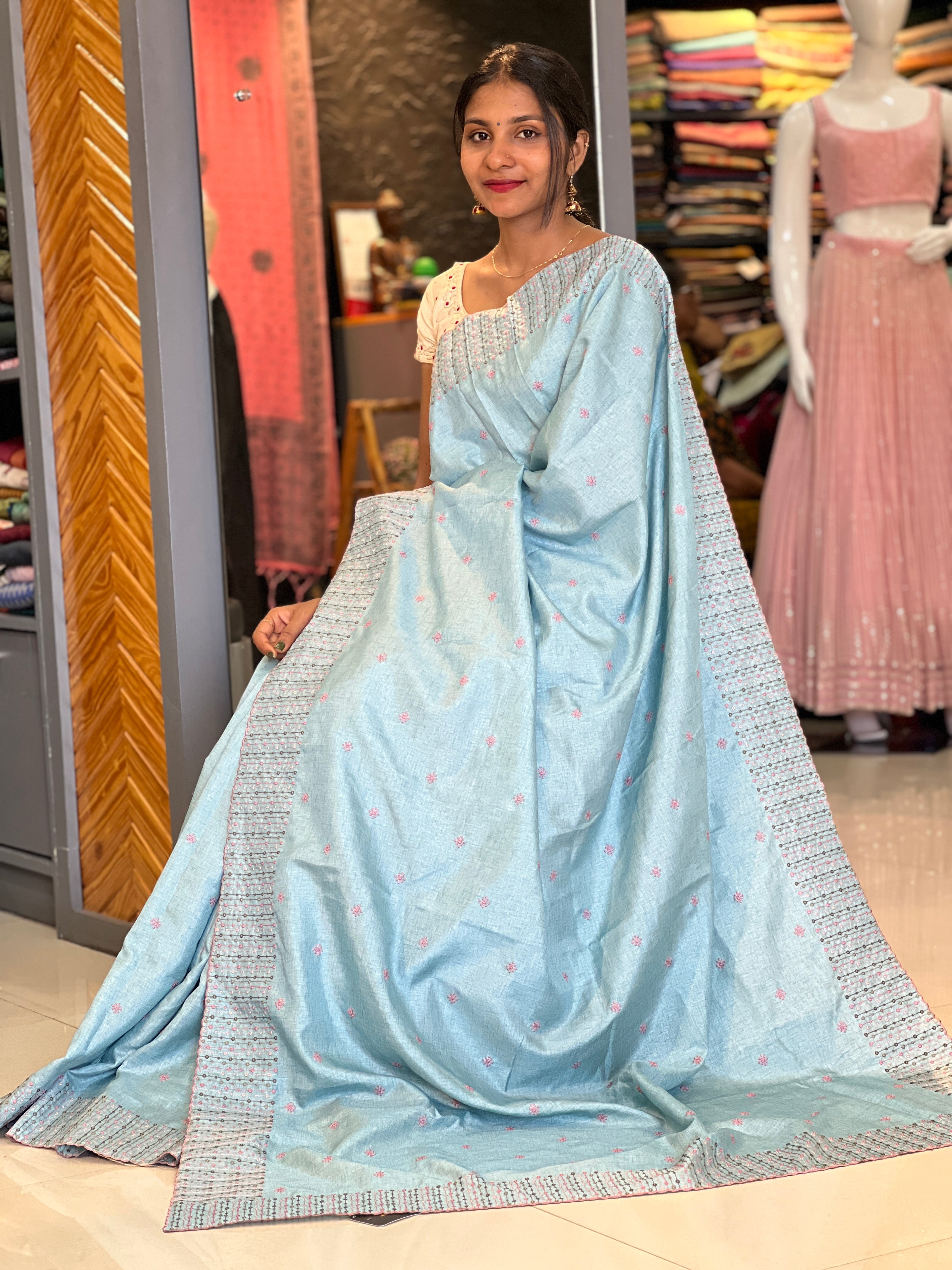 Machine Embroidery Semi Tussar Saree | SBP200