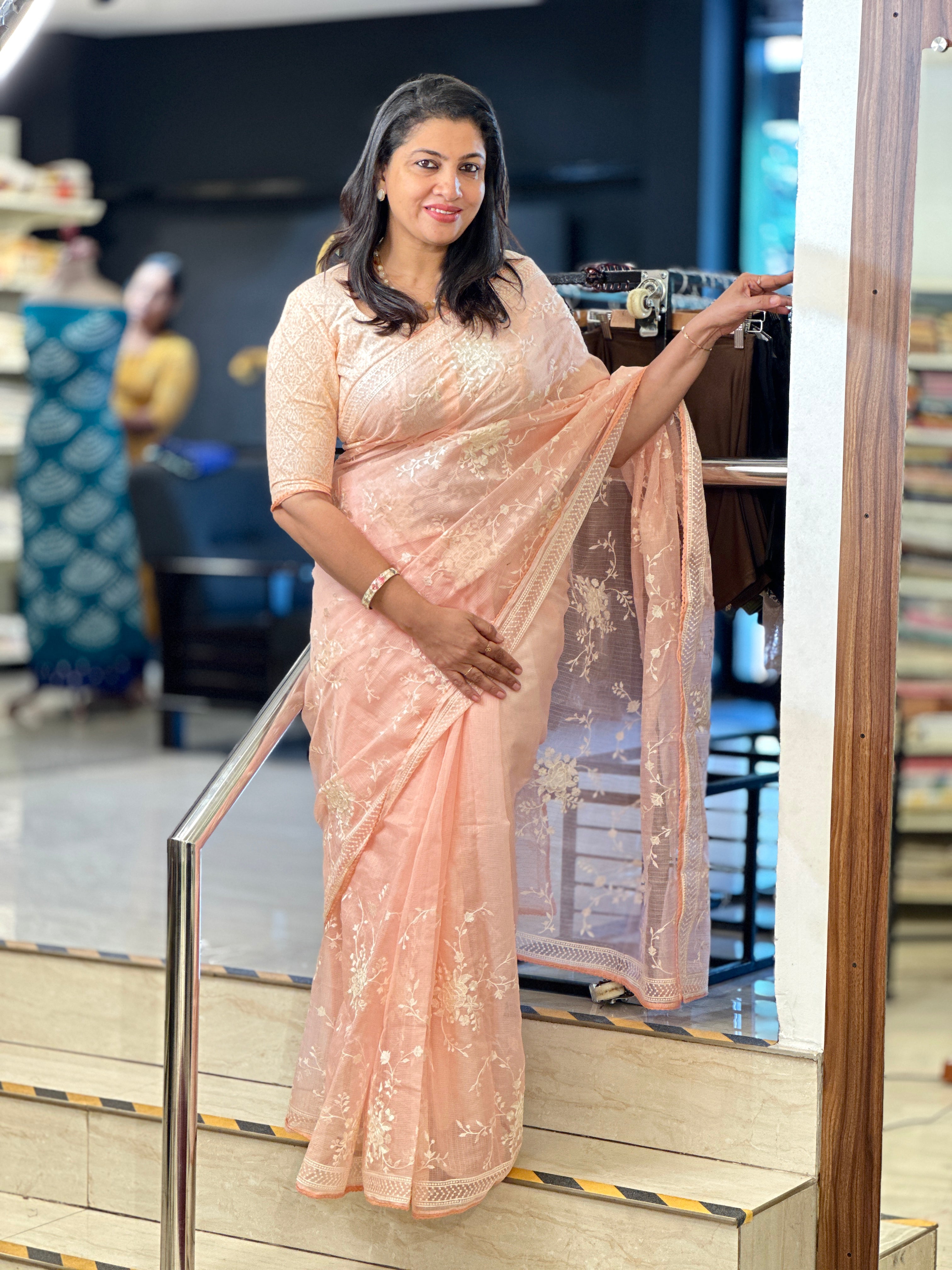 Machine Embroidery Detailed Check Organza Saree | BLD1557