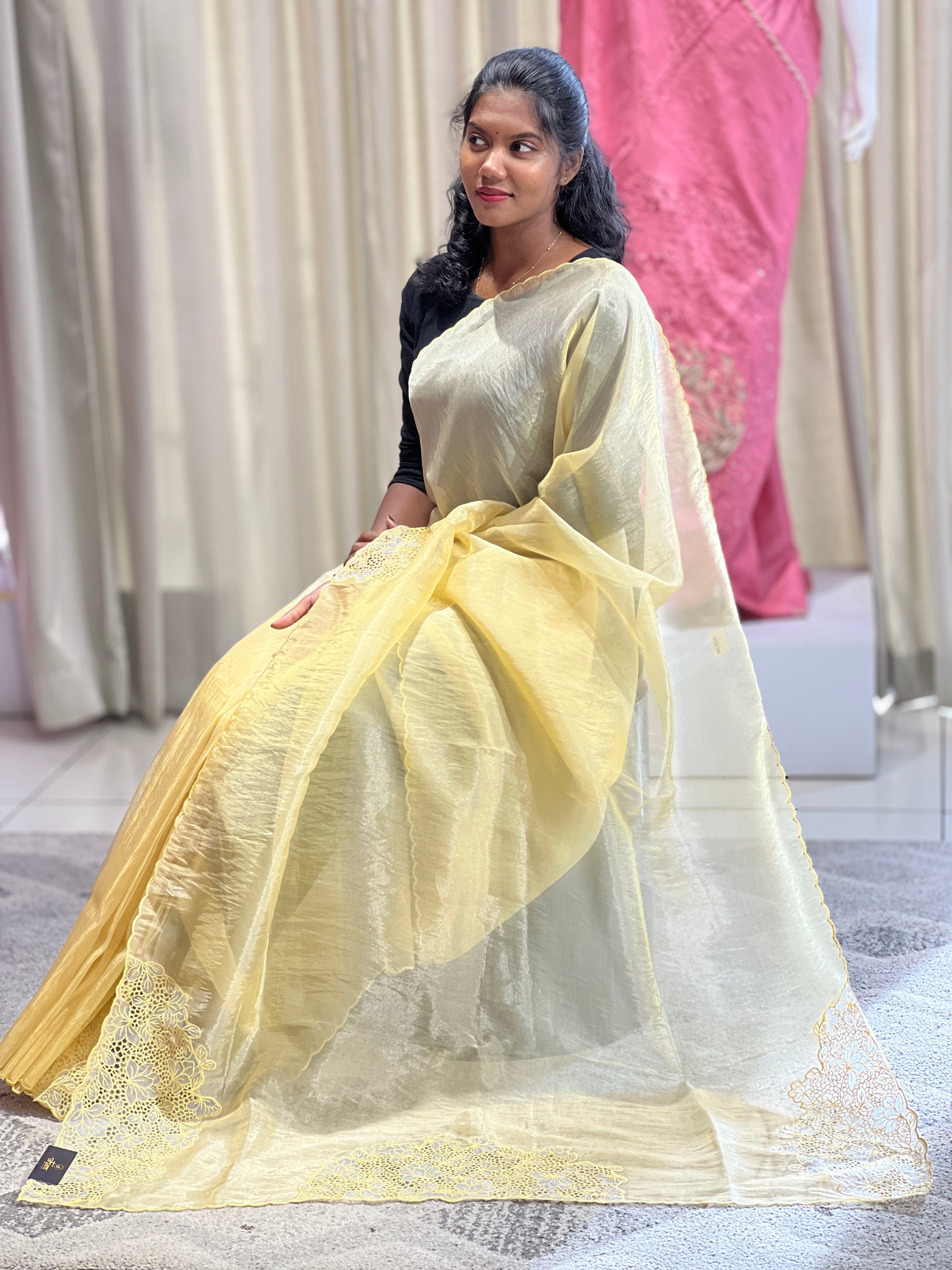 Machine Cutwork With Floral Embroidered Shimmer Organza Saree | BLD492
