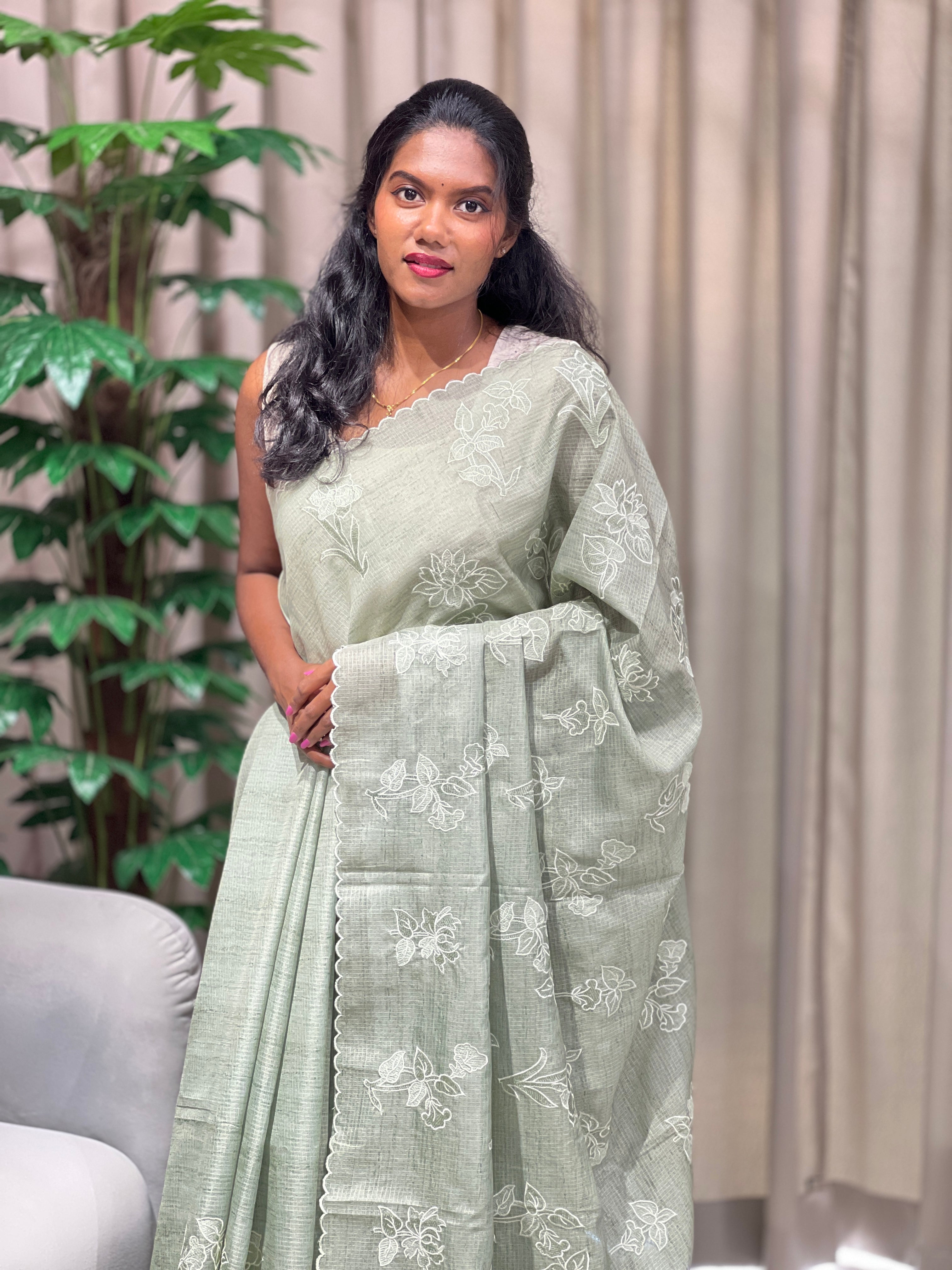 Floral Machine Embroidery Detailed Silky Kota Saree | BLD2083