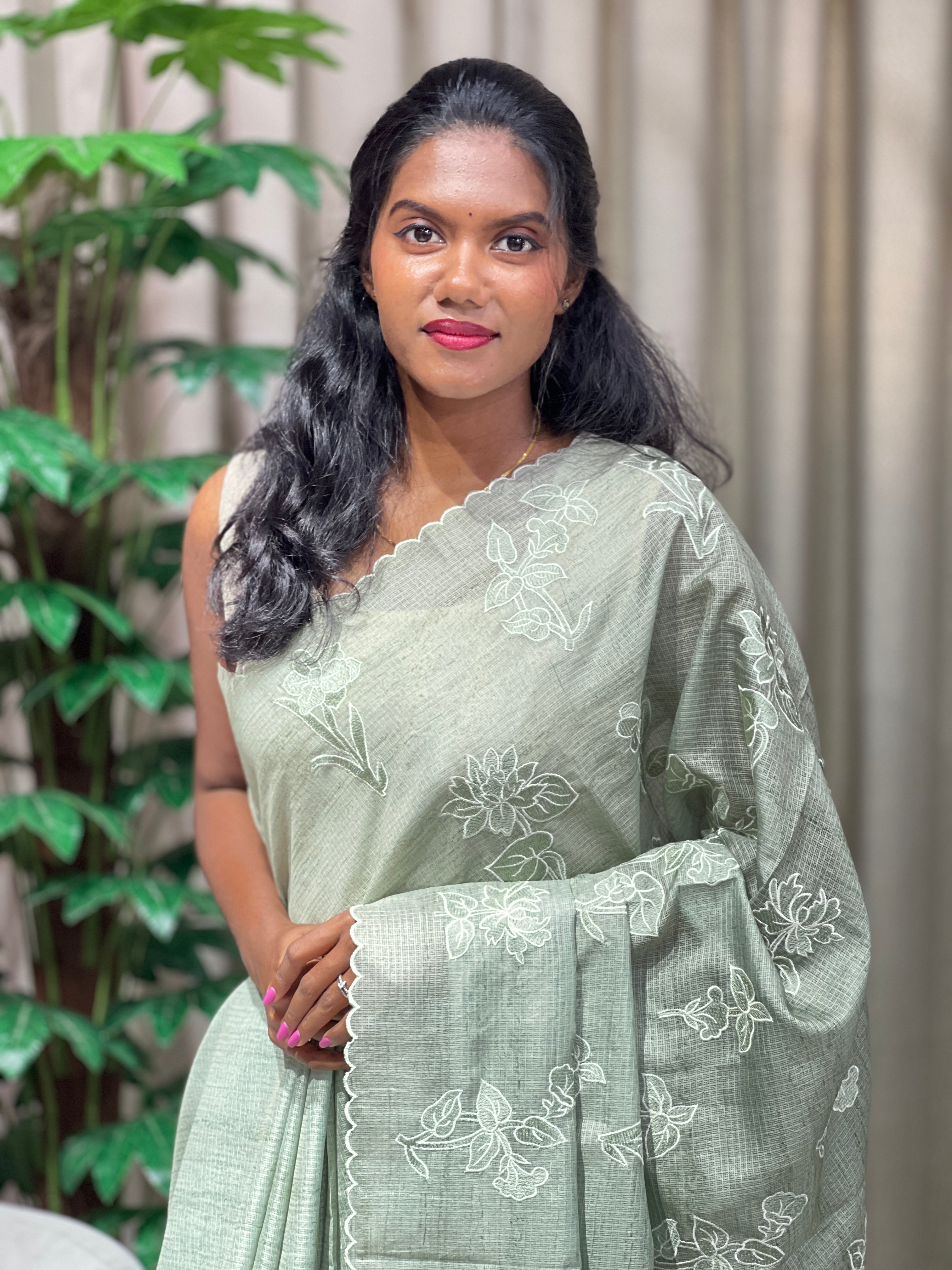 Floral Machine Embroidery Detailed Silky Kota Saree | BLD2083