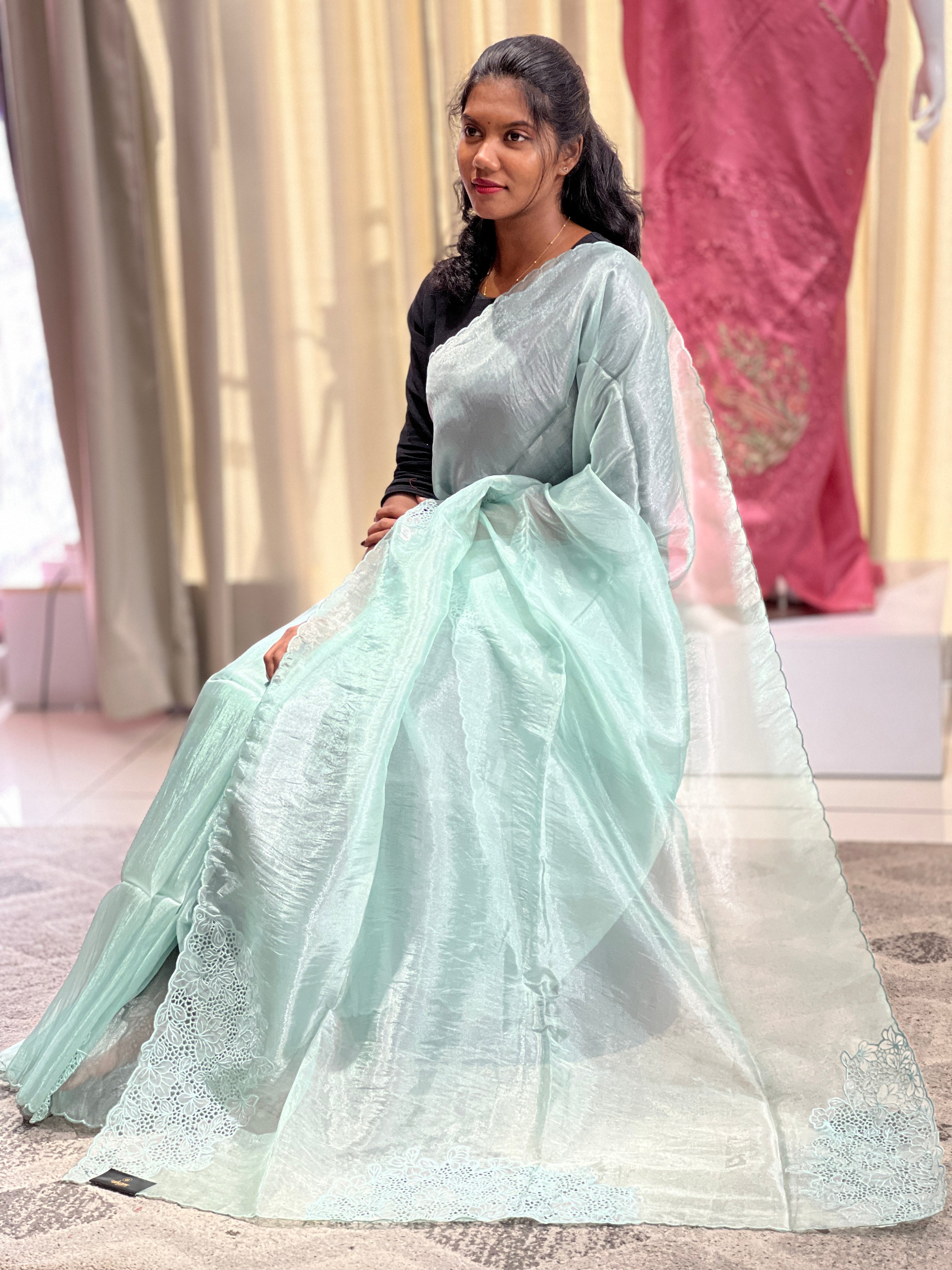 Machine Cutwork With Floral Embroidered Shimmer Organza Saree | BLD489