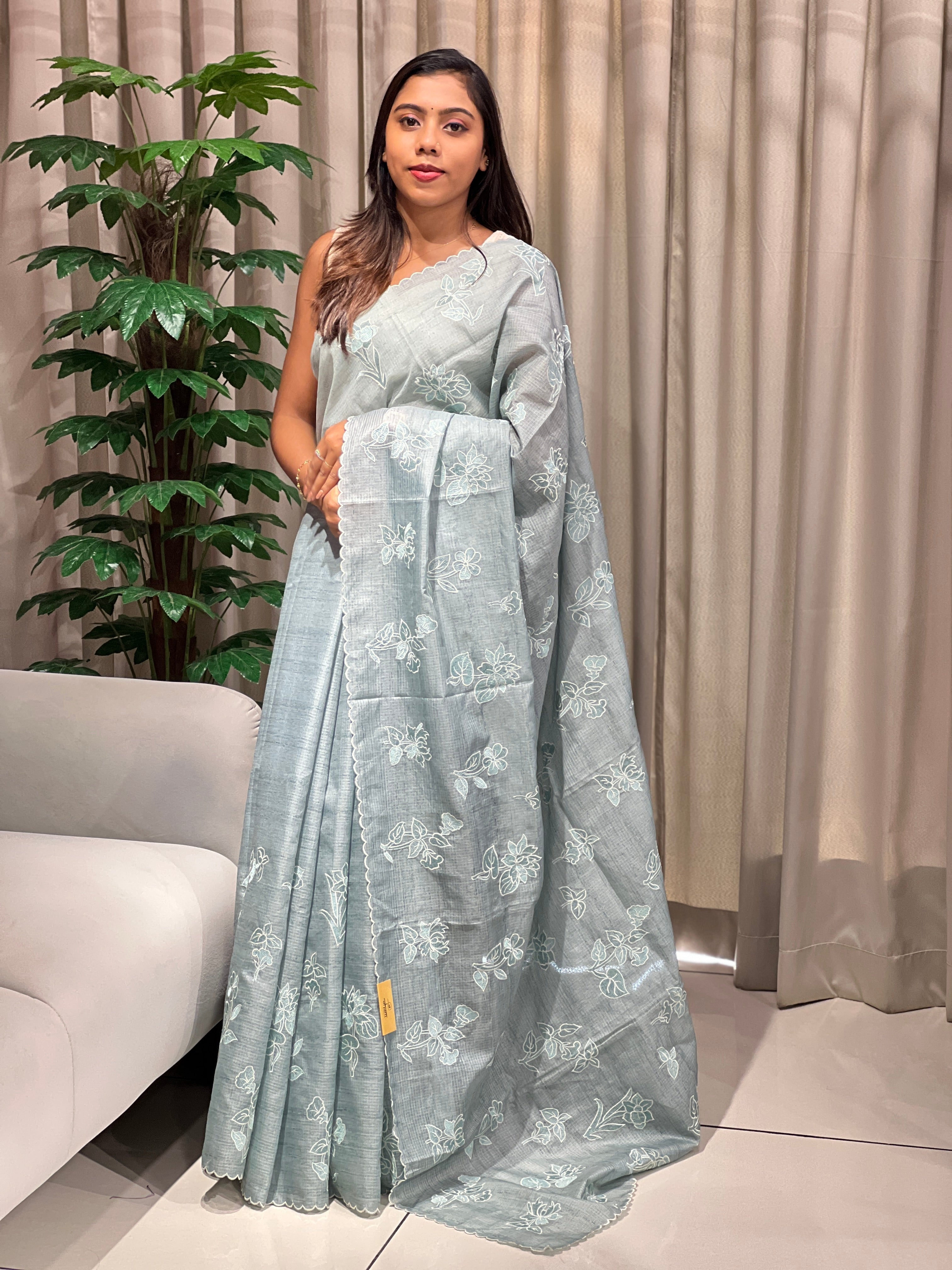 Floral Machine Embroidery Detailed Silky Kota Saree | BLD2081