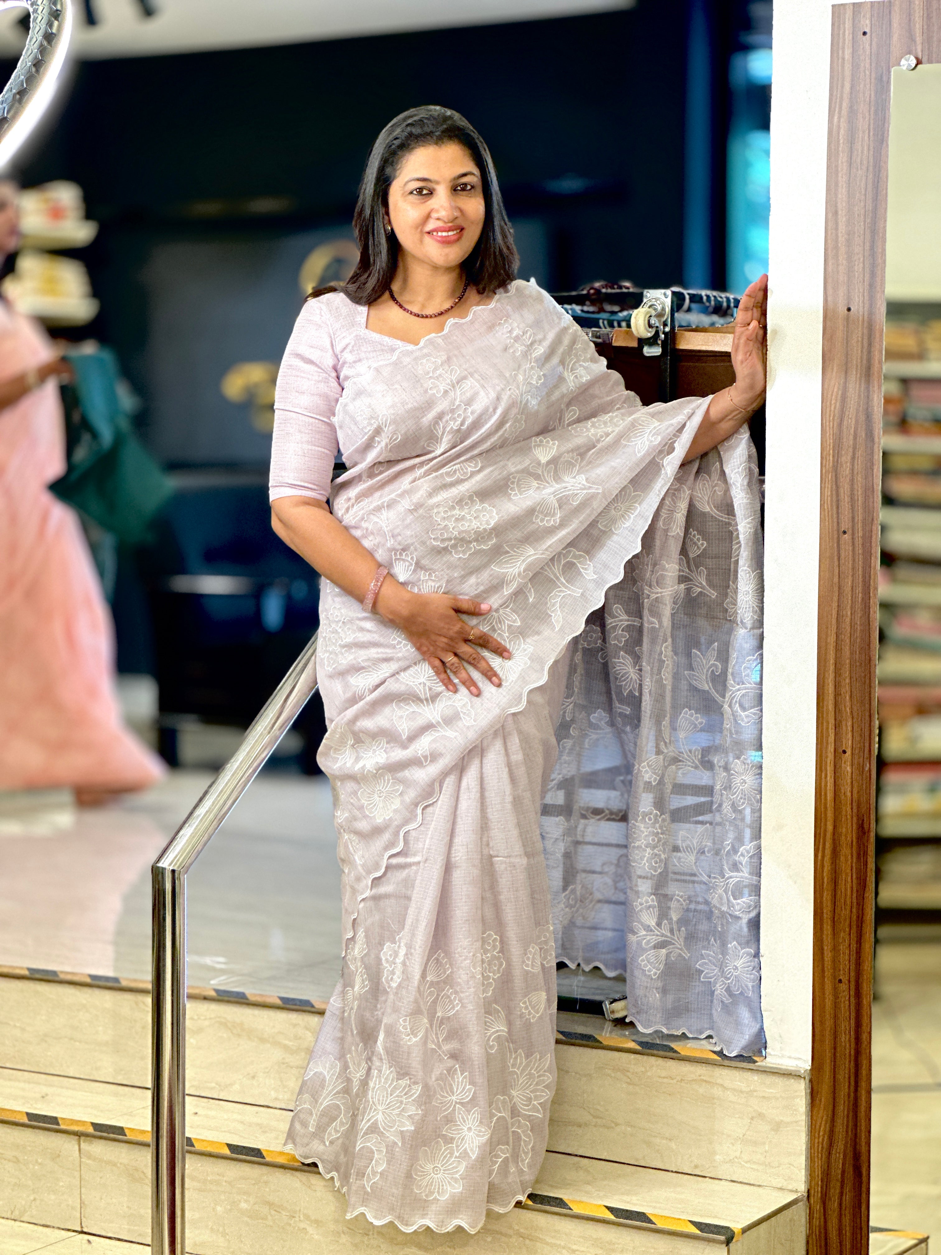 Floral Applique Embroidered Check Organza Saree | BLD1609