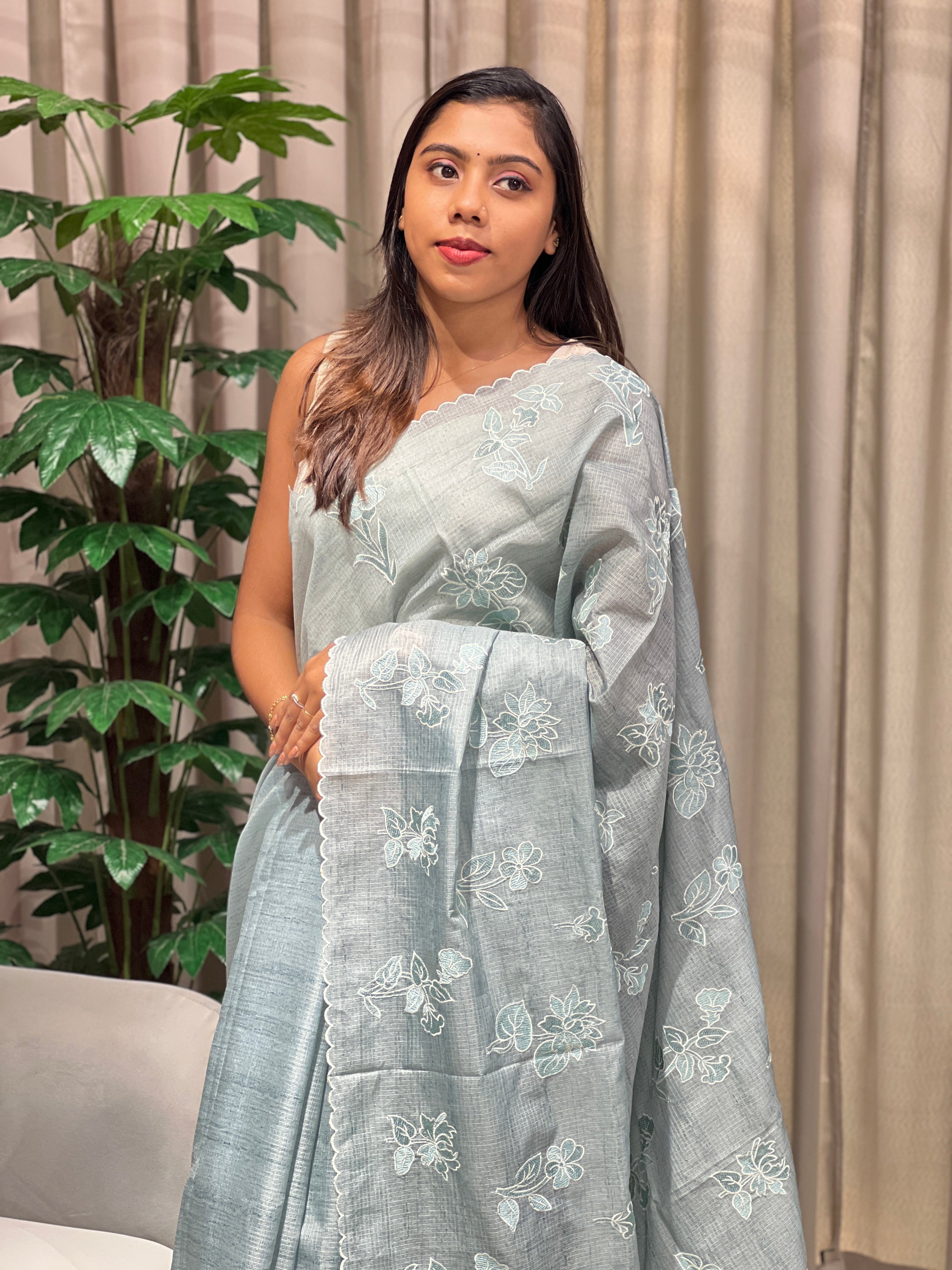 Floral Machine Embroidery Detailed Silky Kota Saree | BLD2081