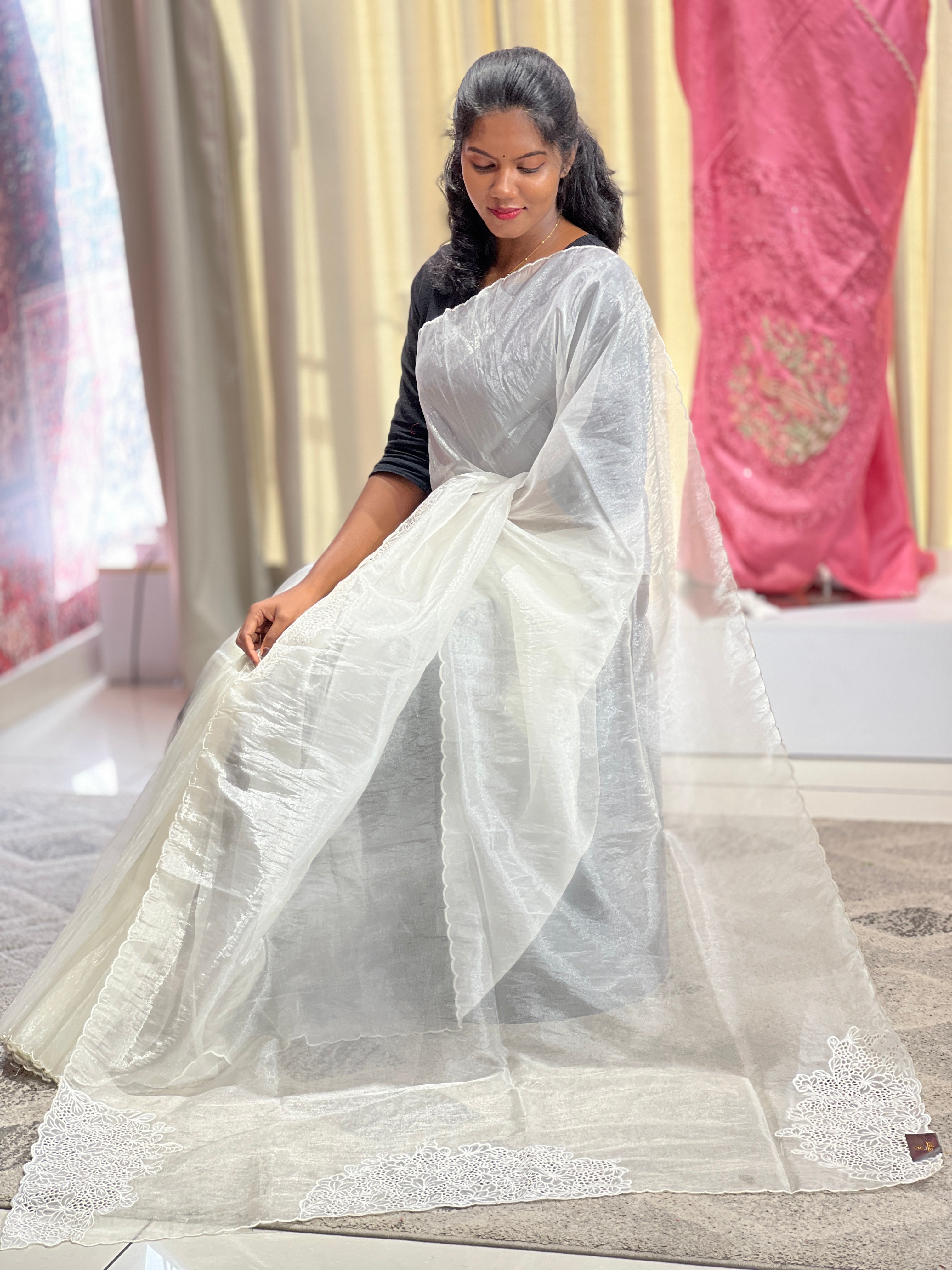 Machine Cutwork With Floral Embroidered Shimmer Organza Saree | BLD495