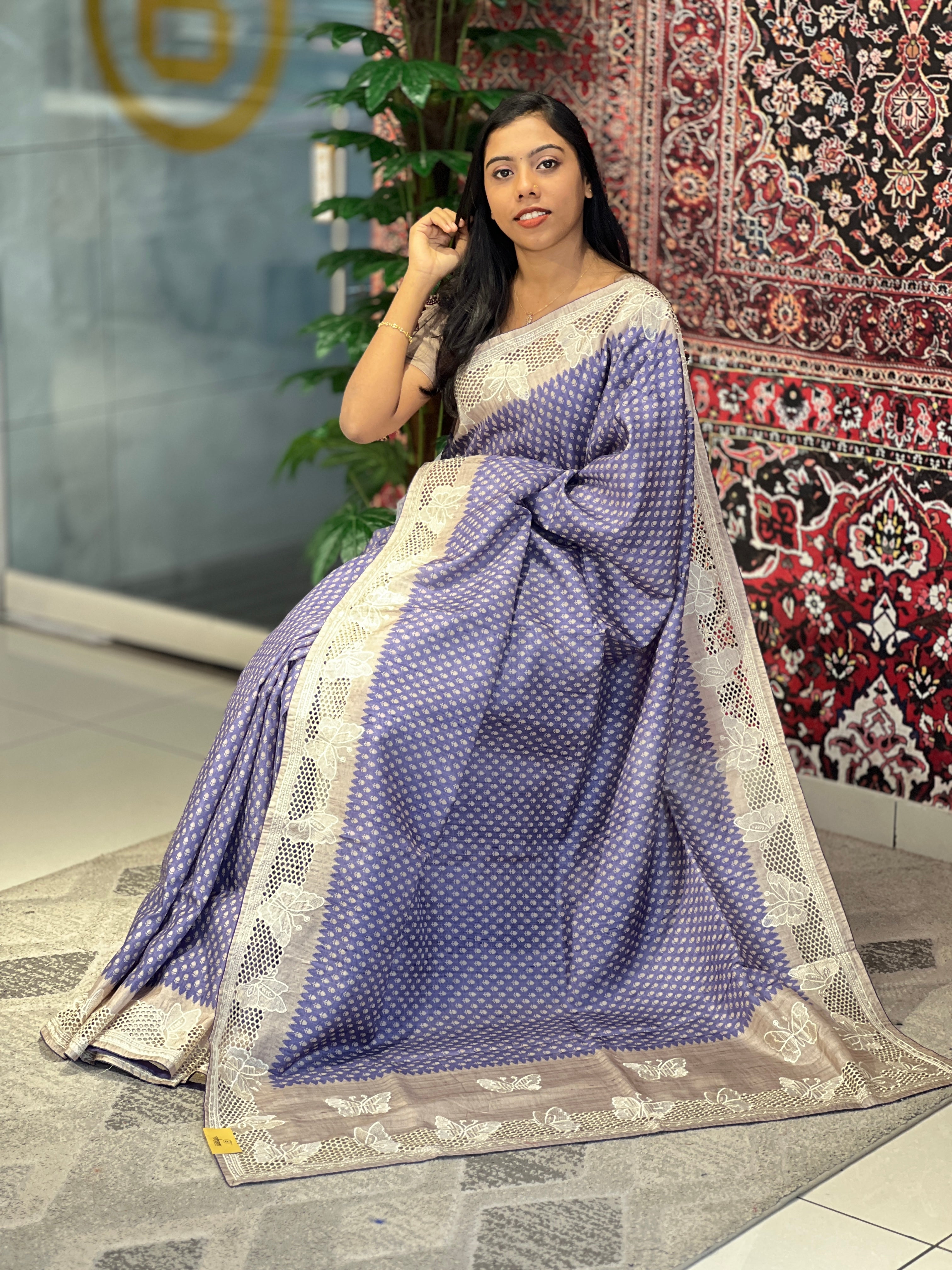 Printed Embroidery & Cutwork Detailed Semi Tussar Saree | SVF172