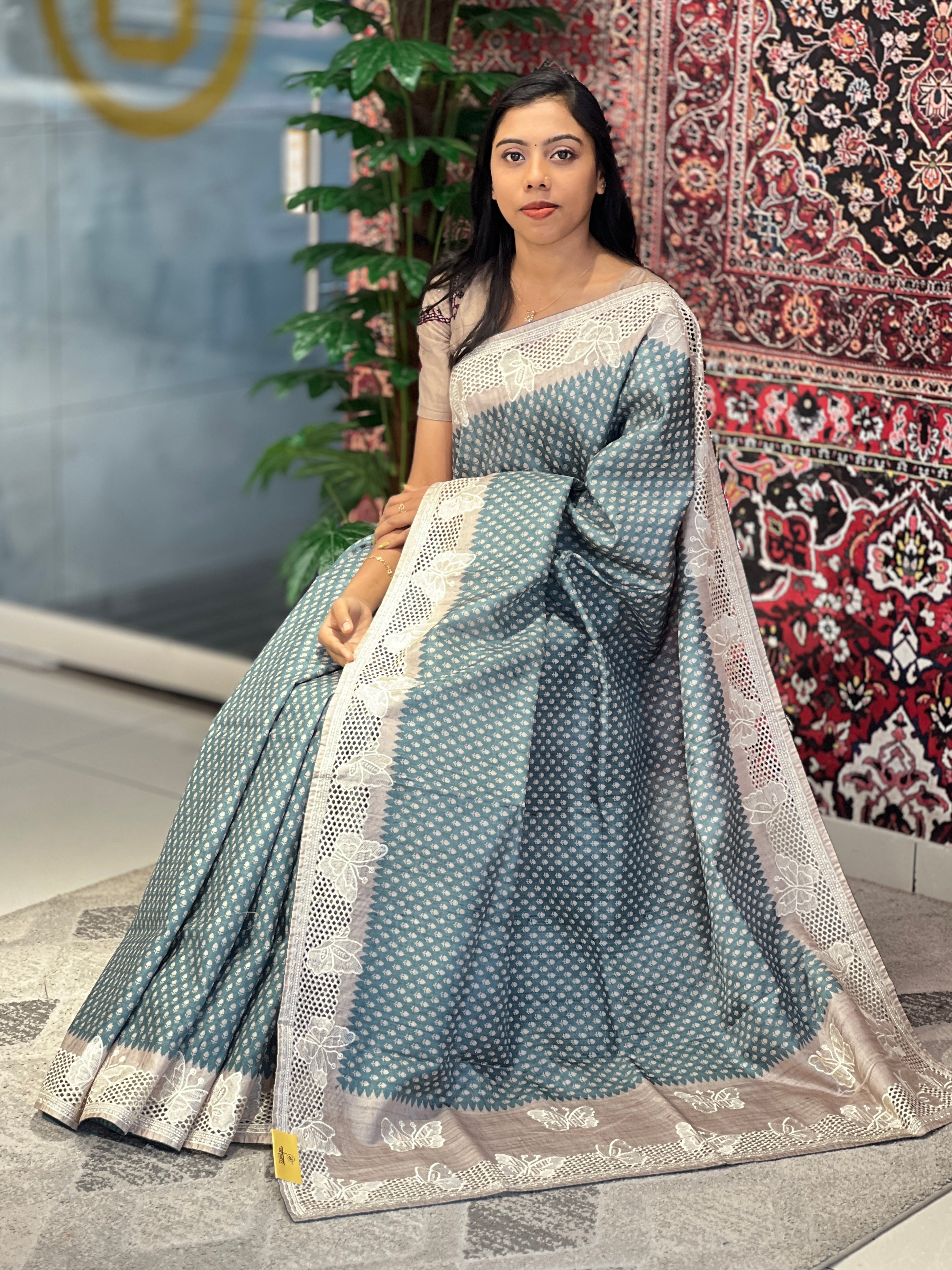 Printed Embroidery & Cutwork Detailed Semi Tussar Saree | SVF171
