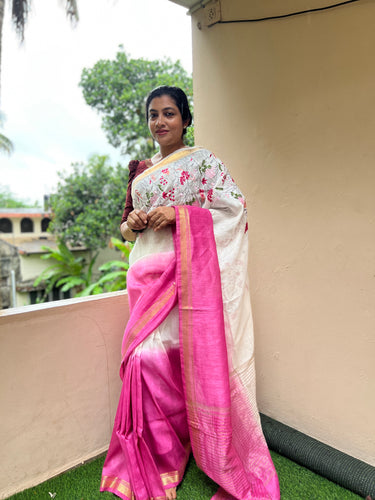 Shaded Floral Embroidery Design Plain Linen Saree | NHH145