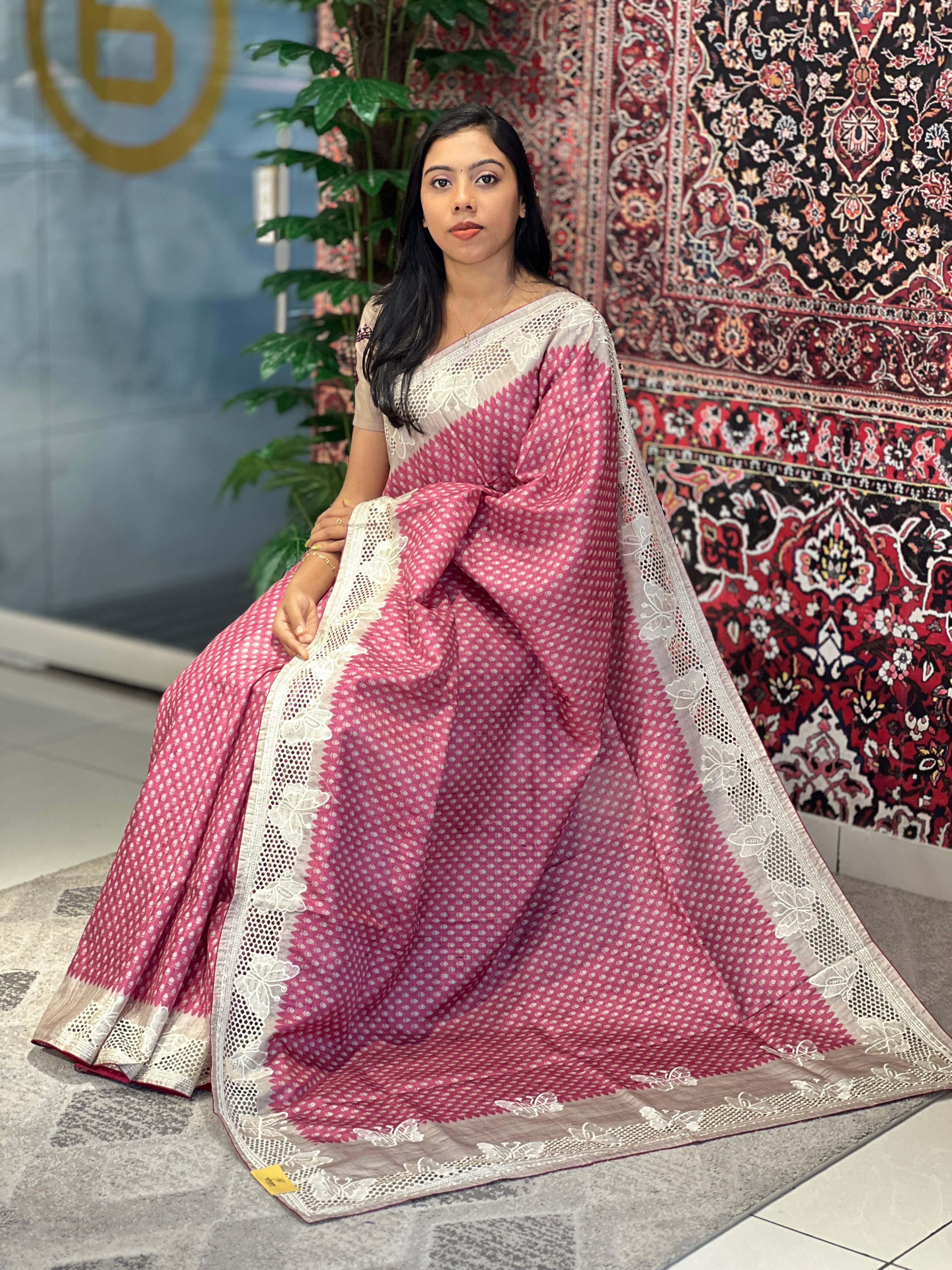 Printed  Embroidery & Cutwork Detailed Semi Tussar Saree | SVF170