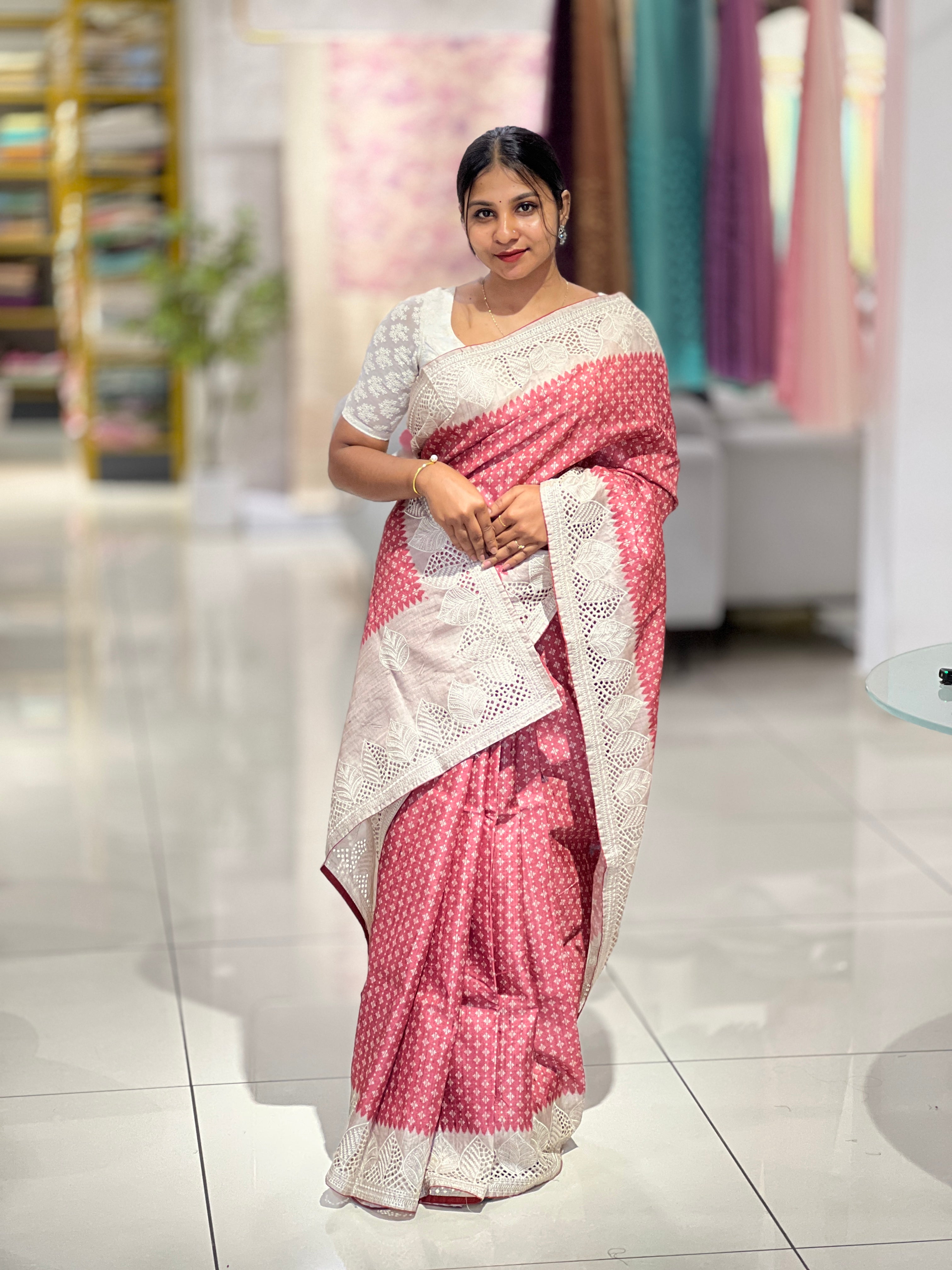 Printed Embroidery & Cutwork Detailed Semi Tussar Saree | SVF166