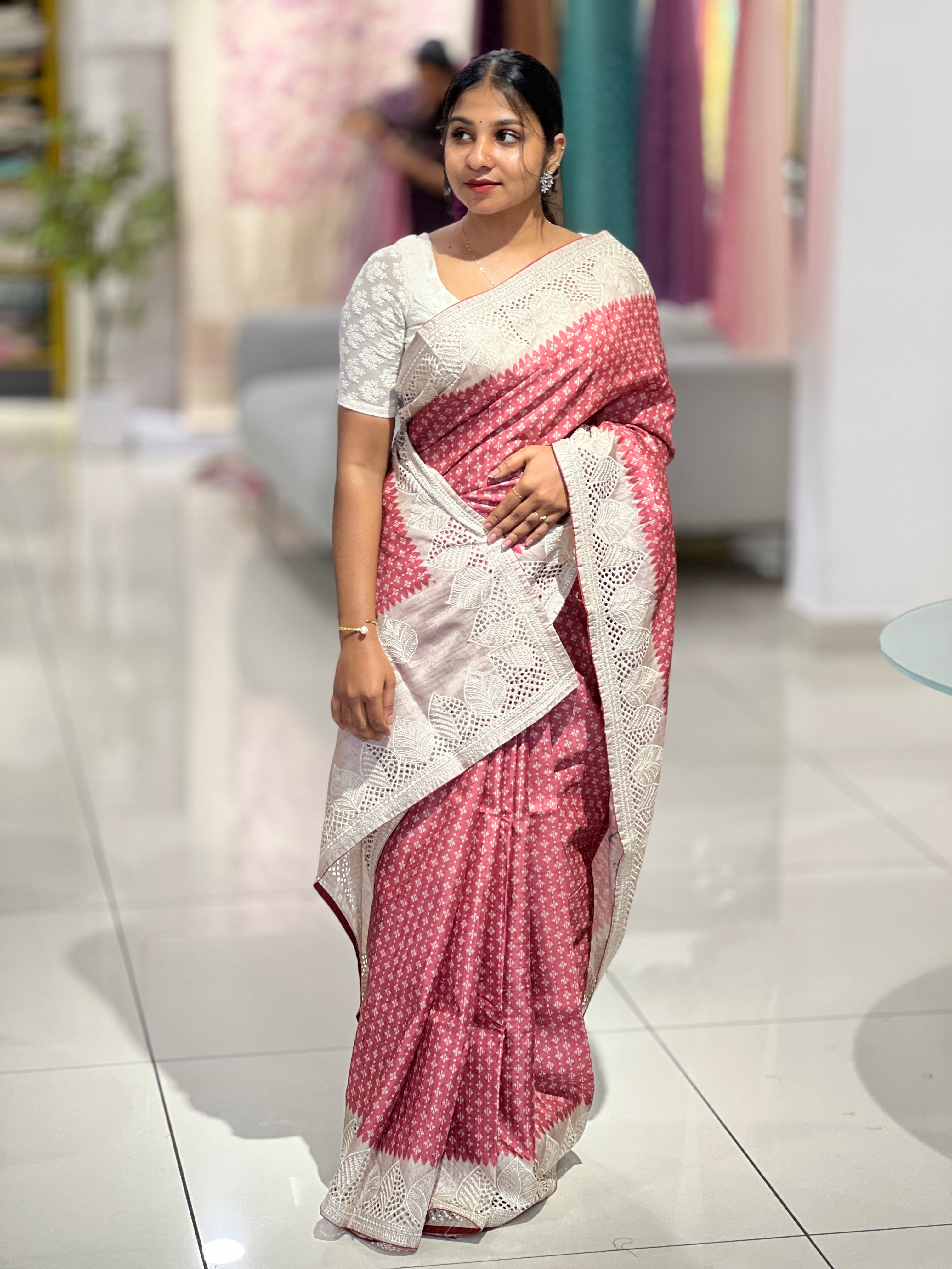 Printed Embroidery & Cutwork Detailed Semi Tussar Saree | SVF166