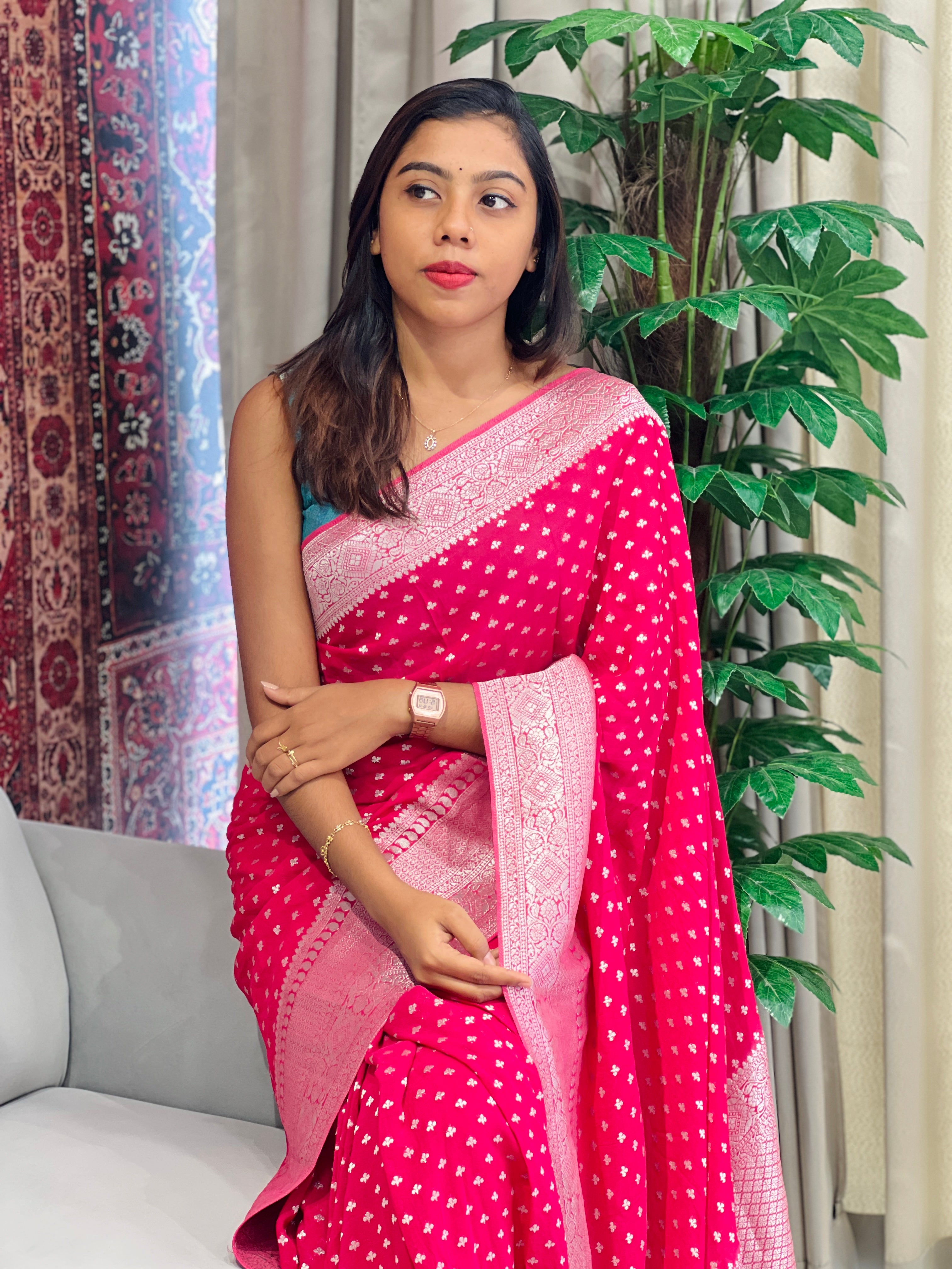 Silver Zari Woven Georgette Banarasi Saree | BYT102