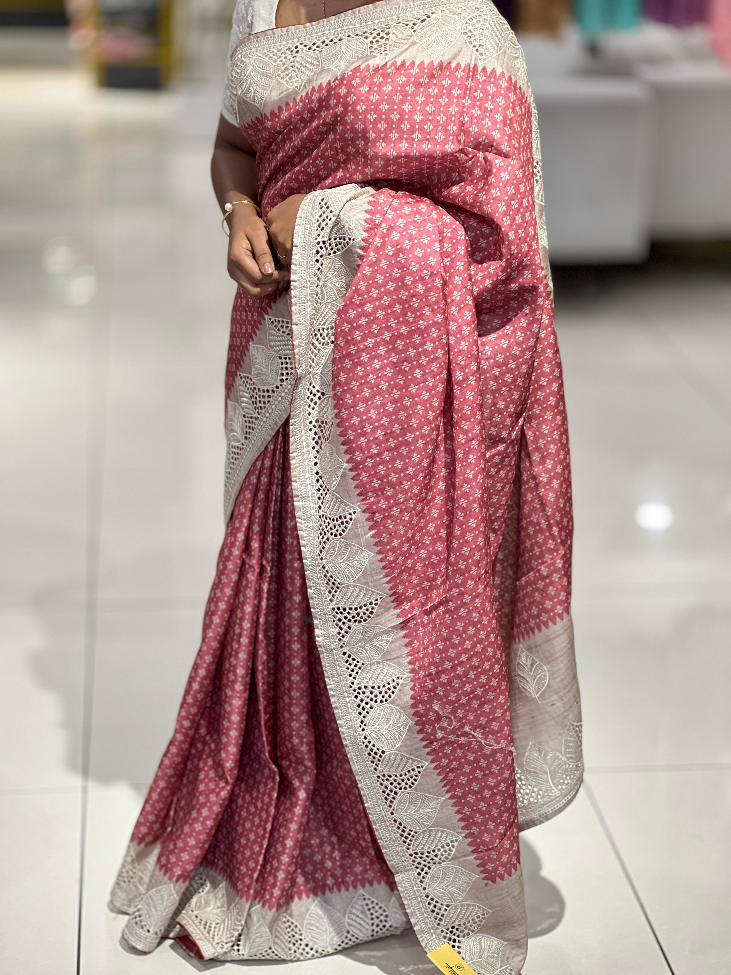 Printed Embroidery & Cutwork Detailed Semi Tussar Saree | SVF166