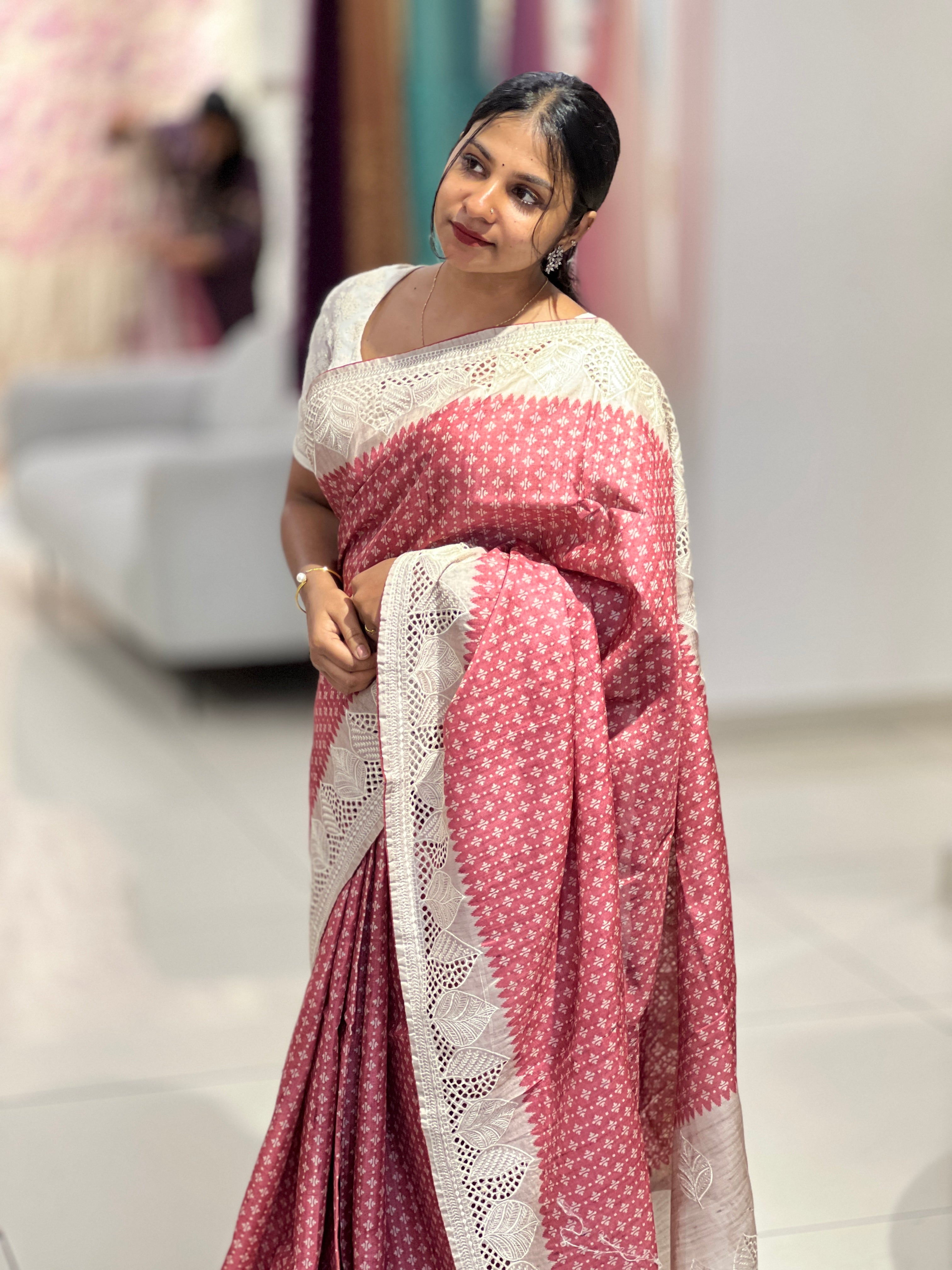 Printed Embroidery & Cutwork Detailed Semi Tussar Saree | SVF166