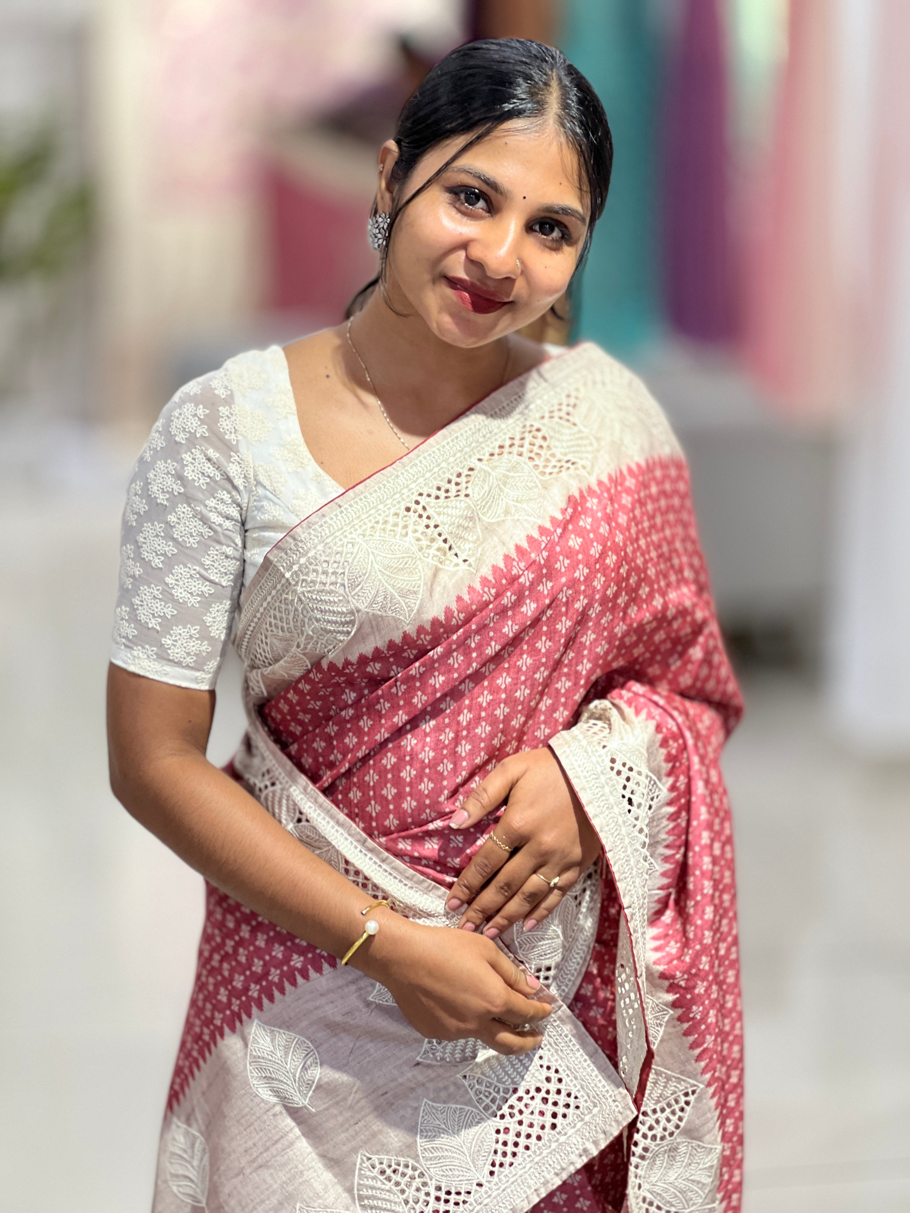 Printed Embroidery & Cutwork Detailed Semi Tussar Saree | SVF166