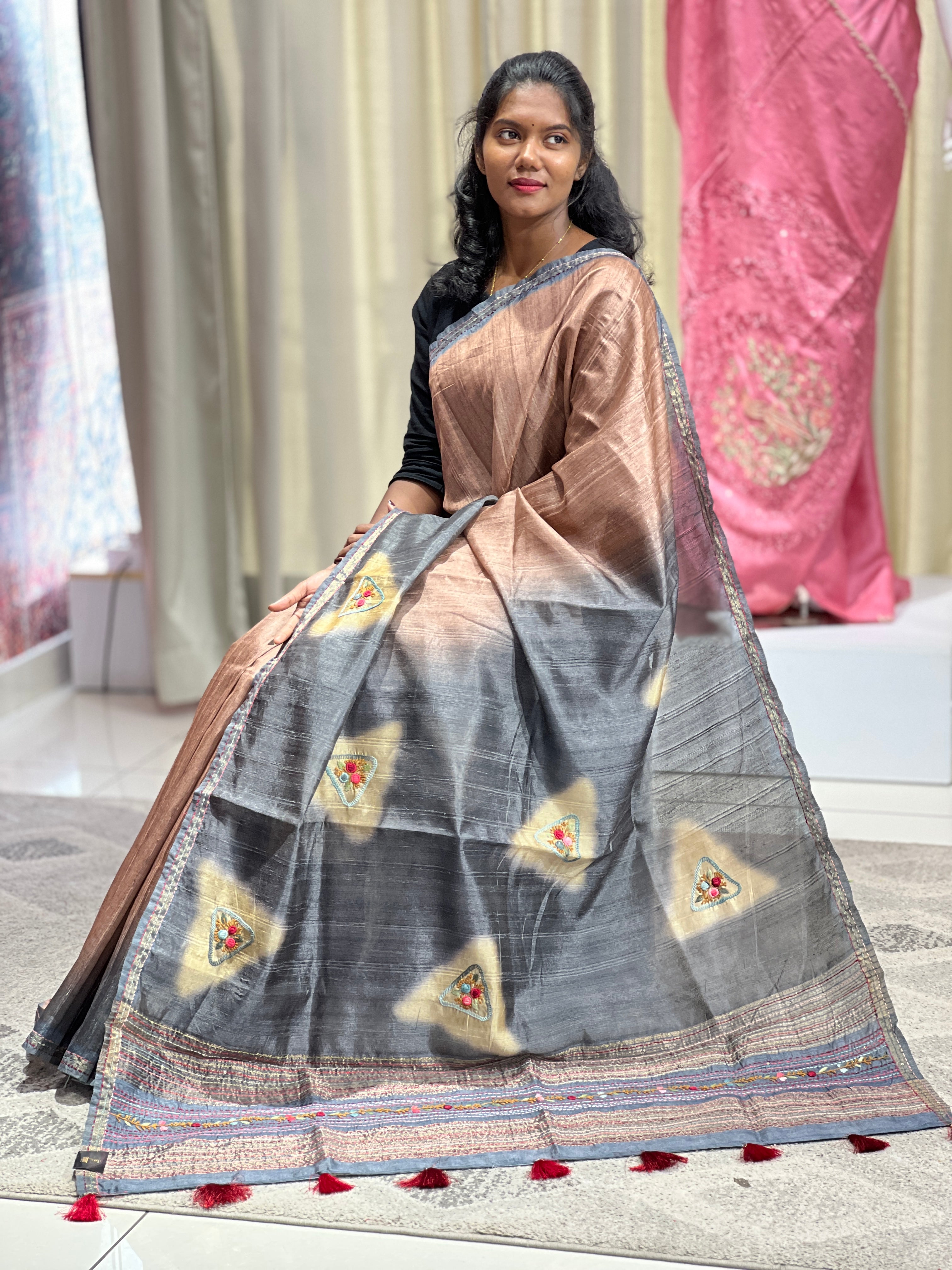 Hand Embroidery With Sequence Detailed Semi Tussar Saree | BLD800