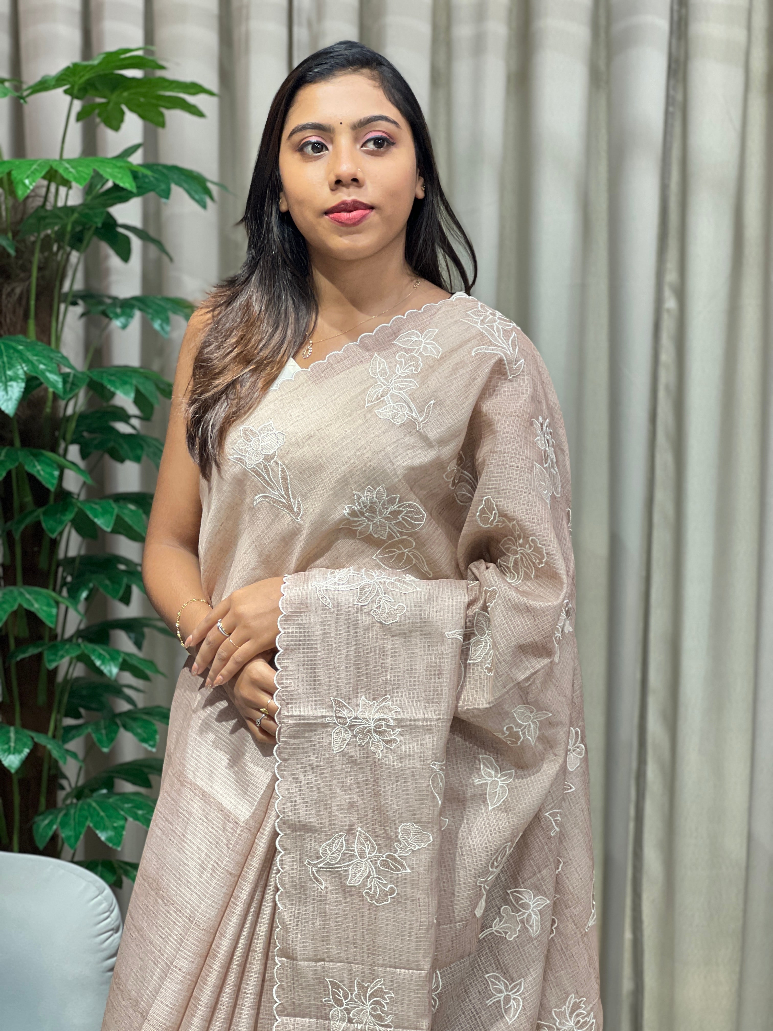 Floral Machine Embroidery Detailed Silky Kota Saree | BLD2084