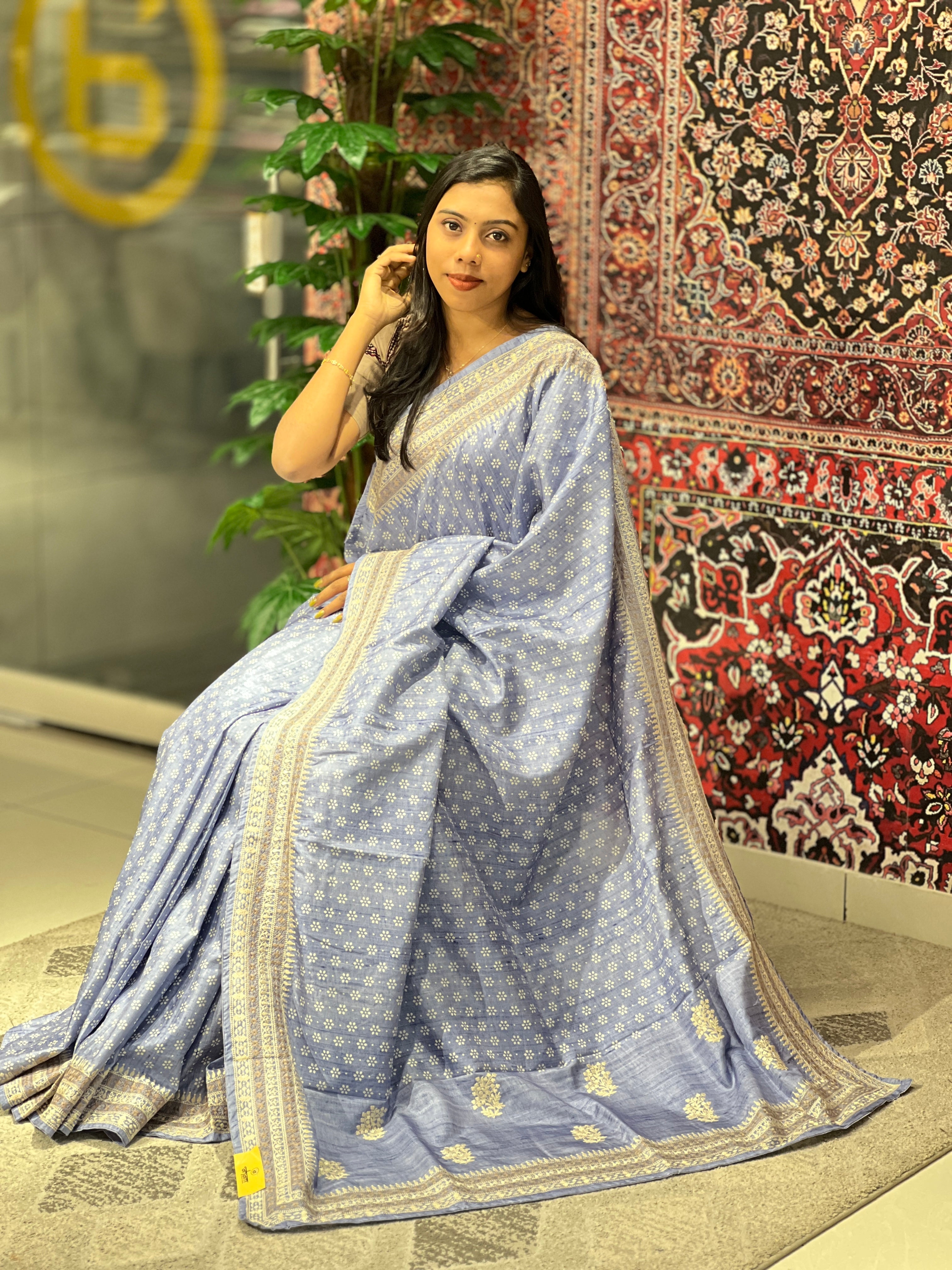Printed Machine Embroidery Detailed Semi Tussar Saree | SVF160