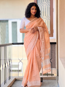 Point Embroidery With Floral Design Bhagalpuri Linen Saree | RP370