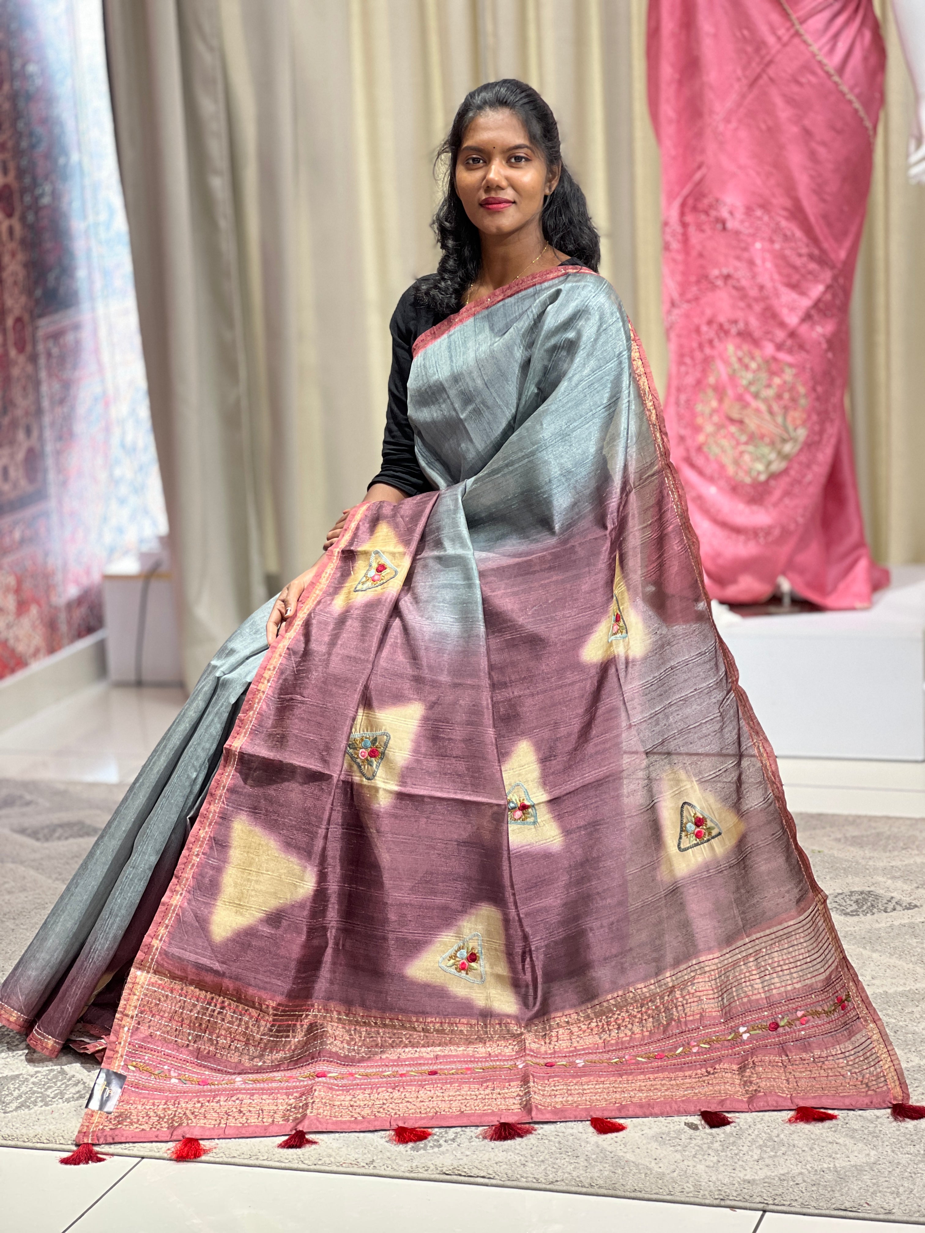 Hand Embroidery With Sequence Detailed Semi Tussar Saree | BLD796