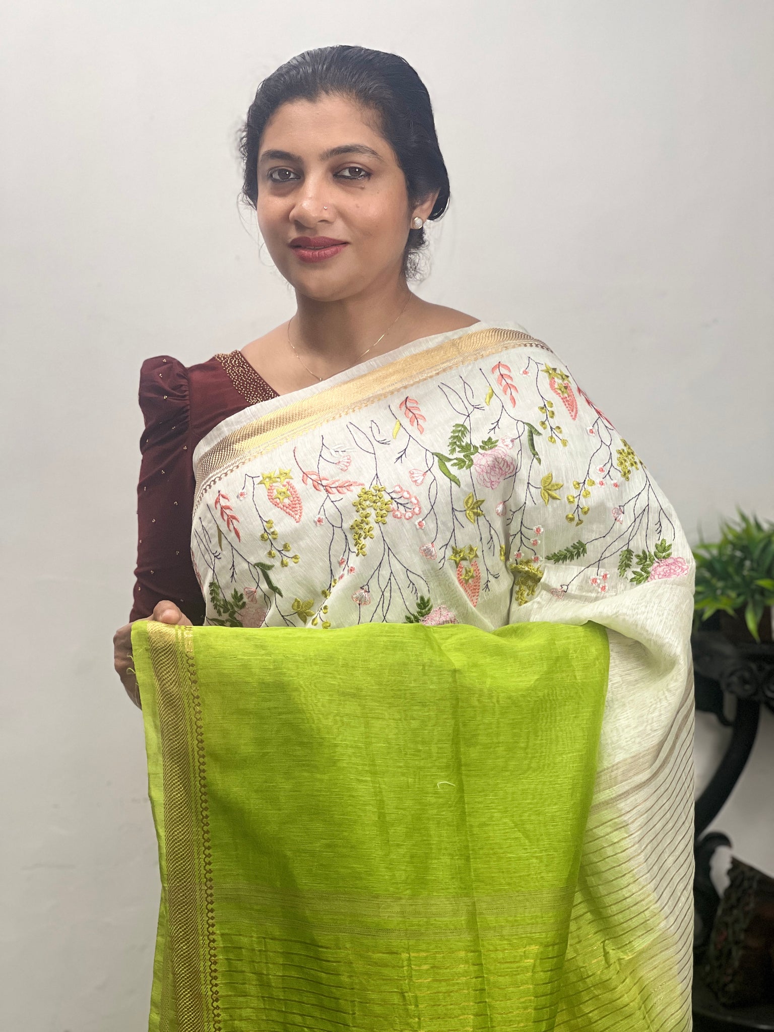 Elegant Light Green Linen Saree