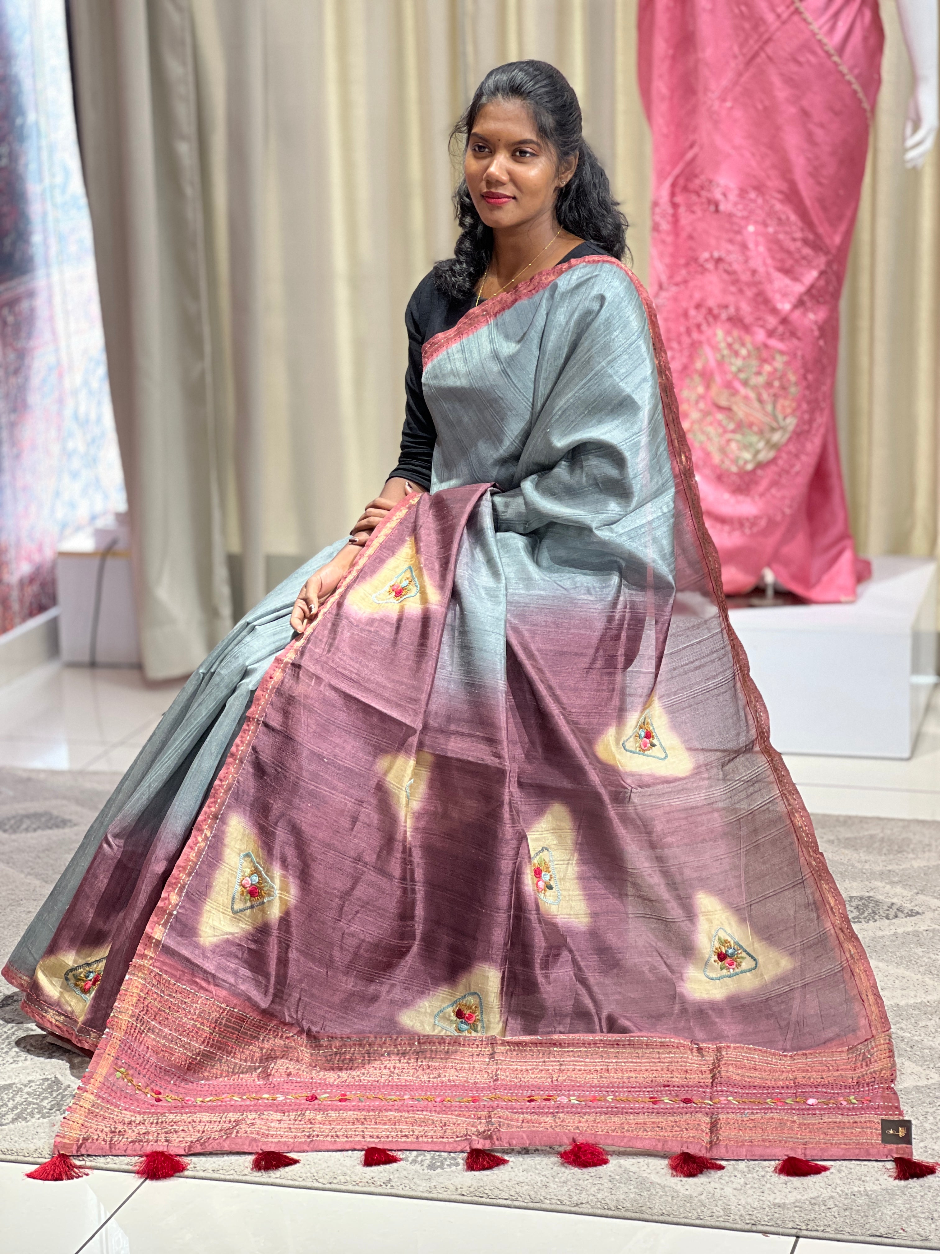 Hand Embroidery With Sequence Detailed Semi Tussar Saree | BLD685